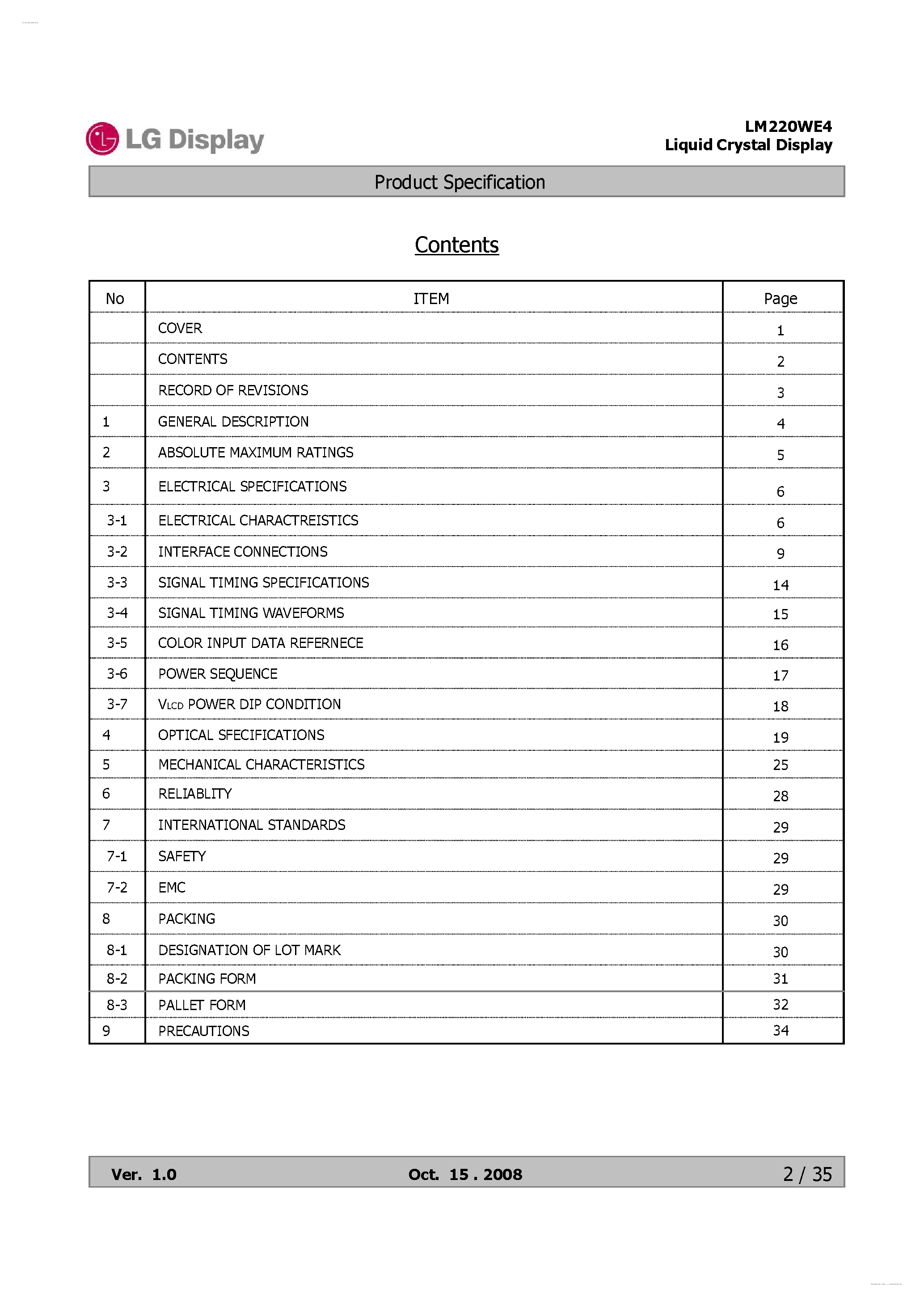 Даташит LM220WE4-SLB1 - Display Module страница 2