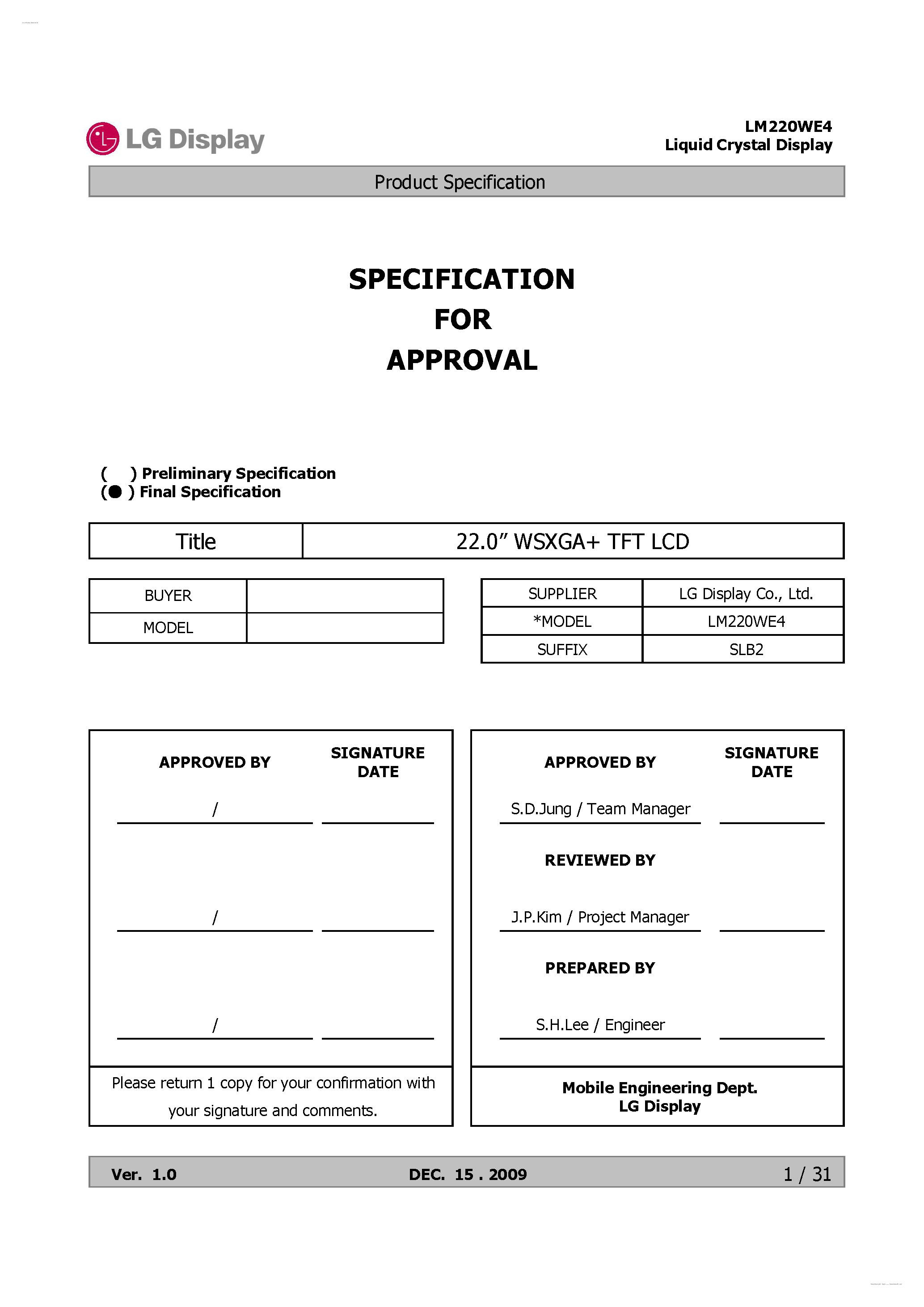 Datasheet LM220WE4-SLB2 - Display Module page 1