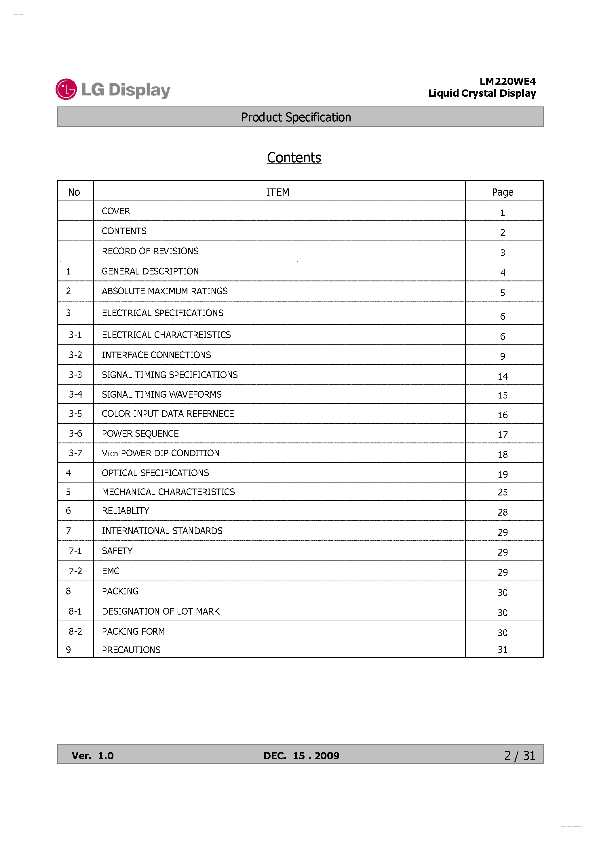 Datasheet LM220WE4-SLB2 - Display Module page 2