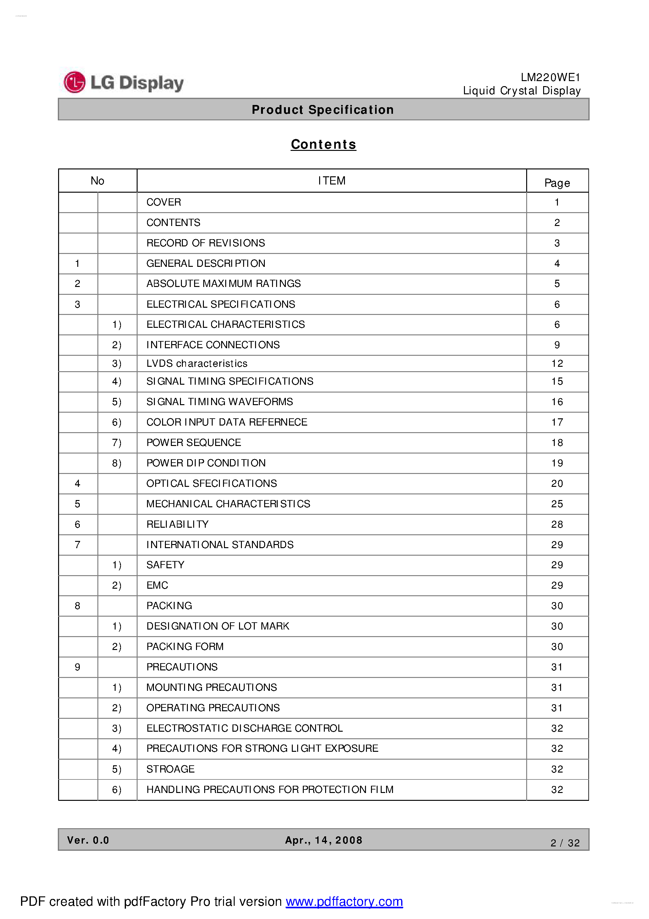 Даташит LM220WE1-TLE1 - Display Module страница 2