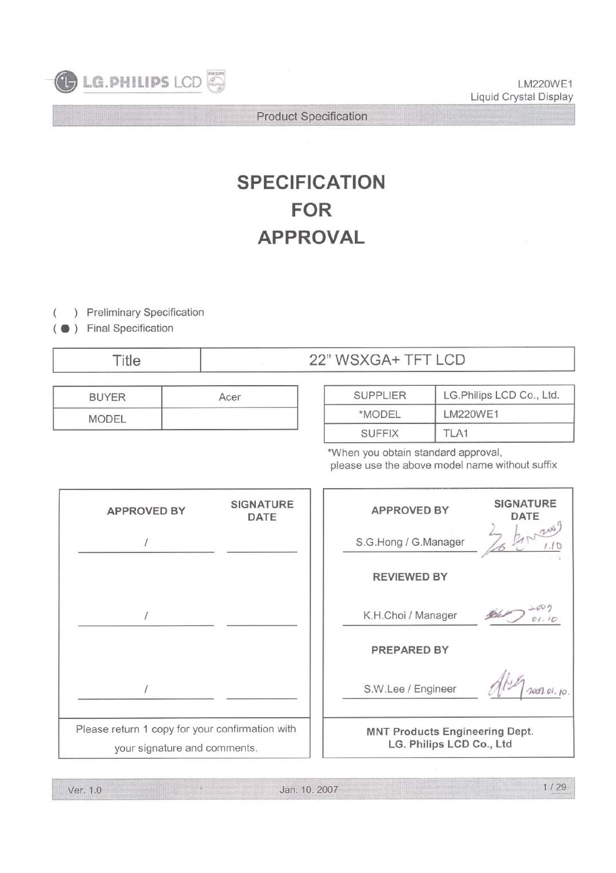 Даташит LM220WE1-TLA1 - Display Module страница 1