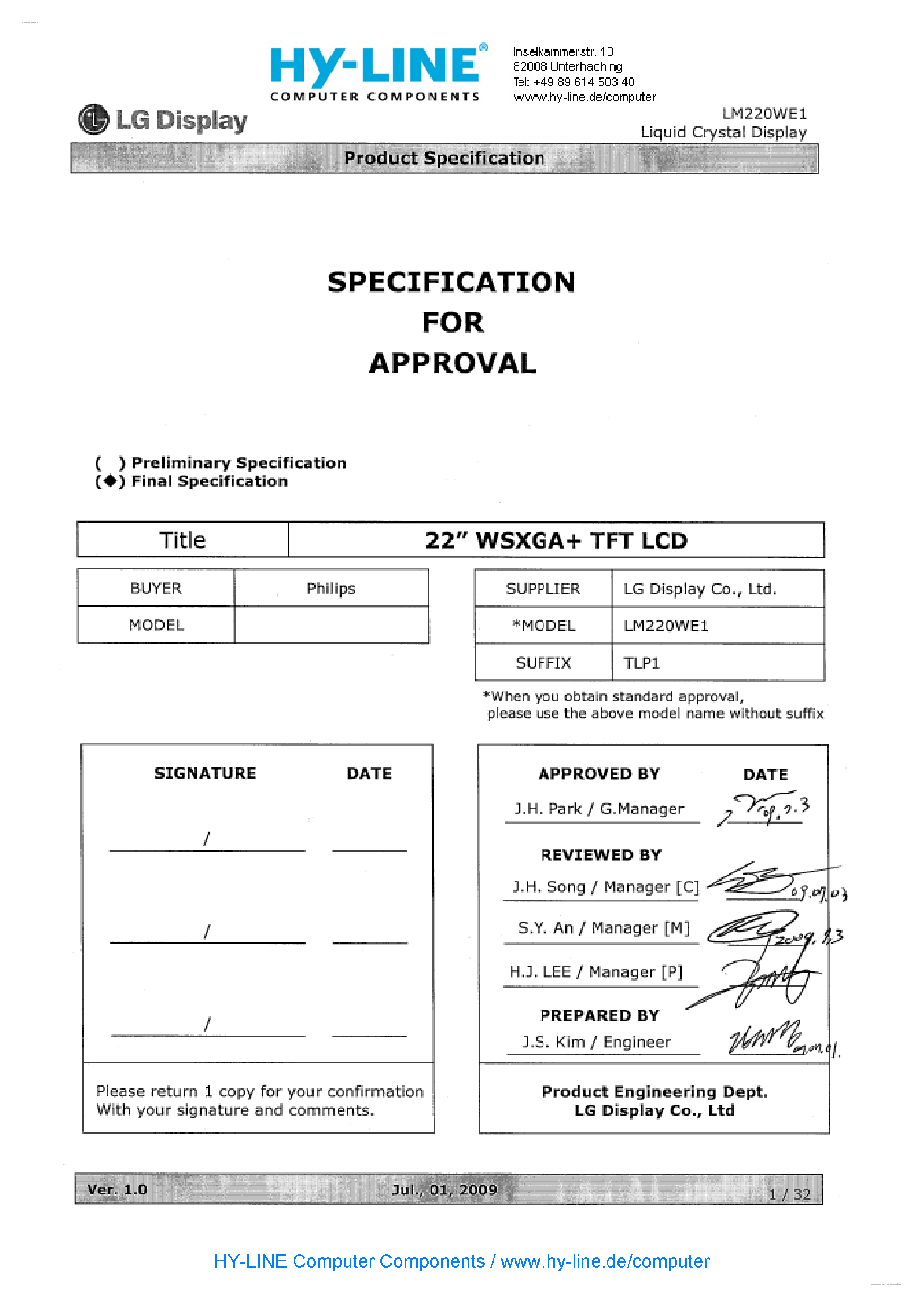 Datasheet LM220WE1-TLP1 page 2 Datasheet LM220WE1-TLP1 - Display Module page 2