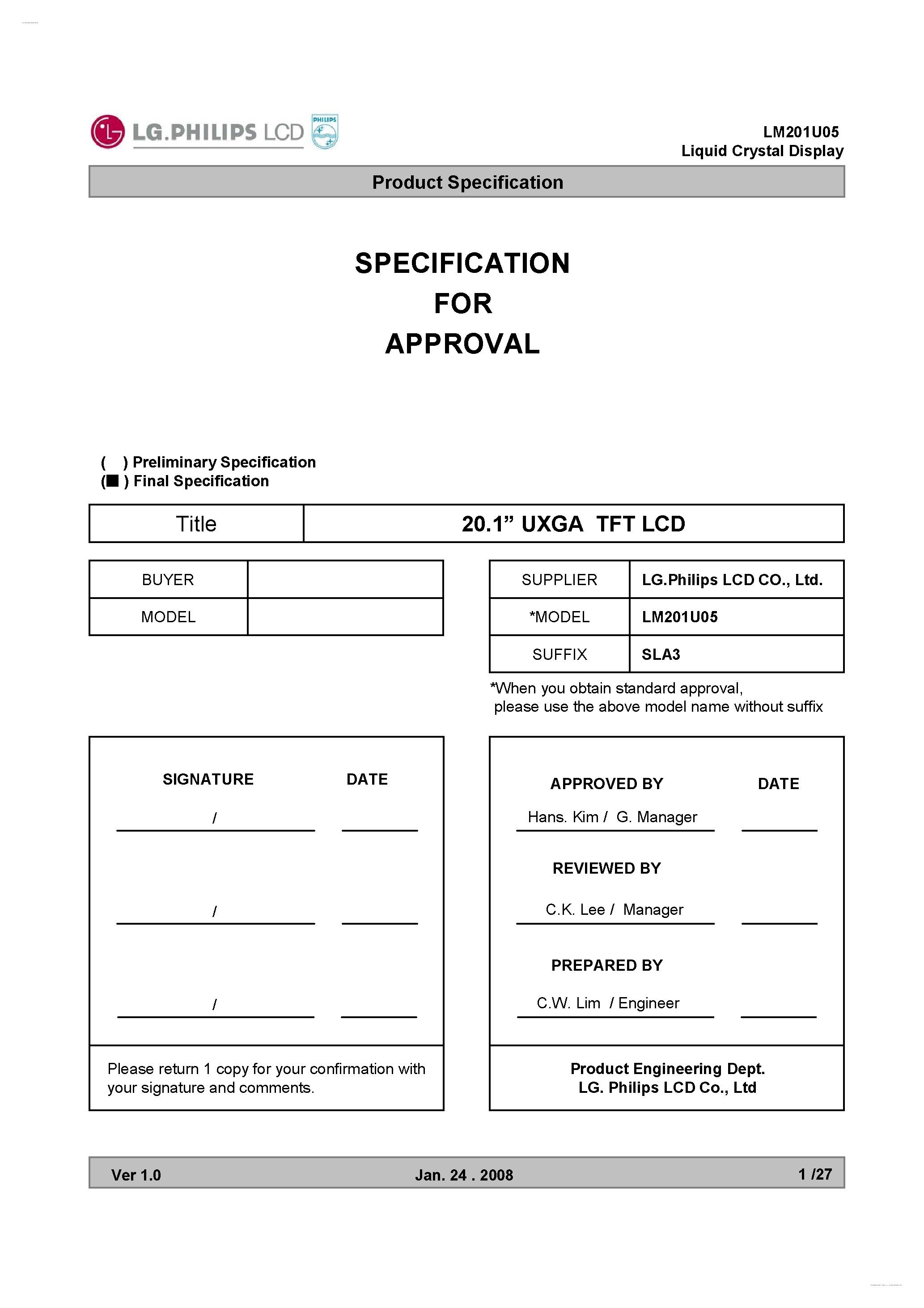 Datasheet LM201U05-SLA3 page 1 Datasheet LM201U05-SLA3 - Display Module page 1