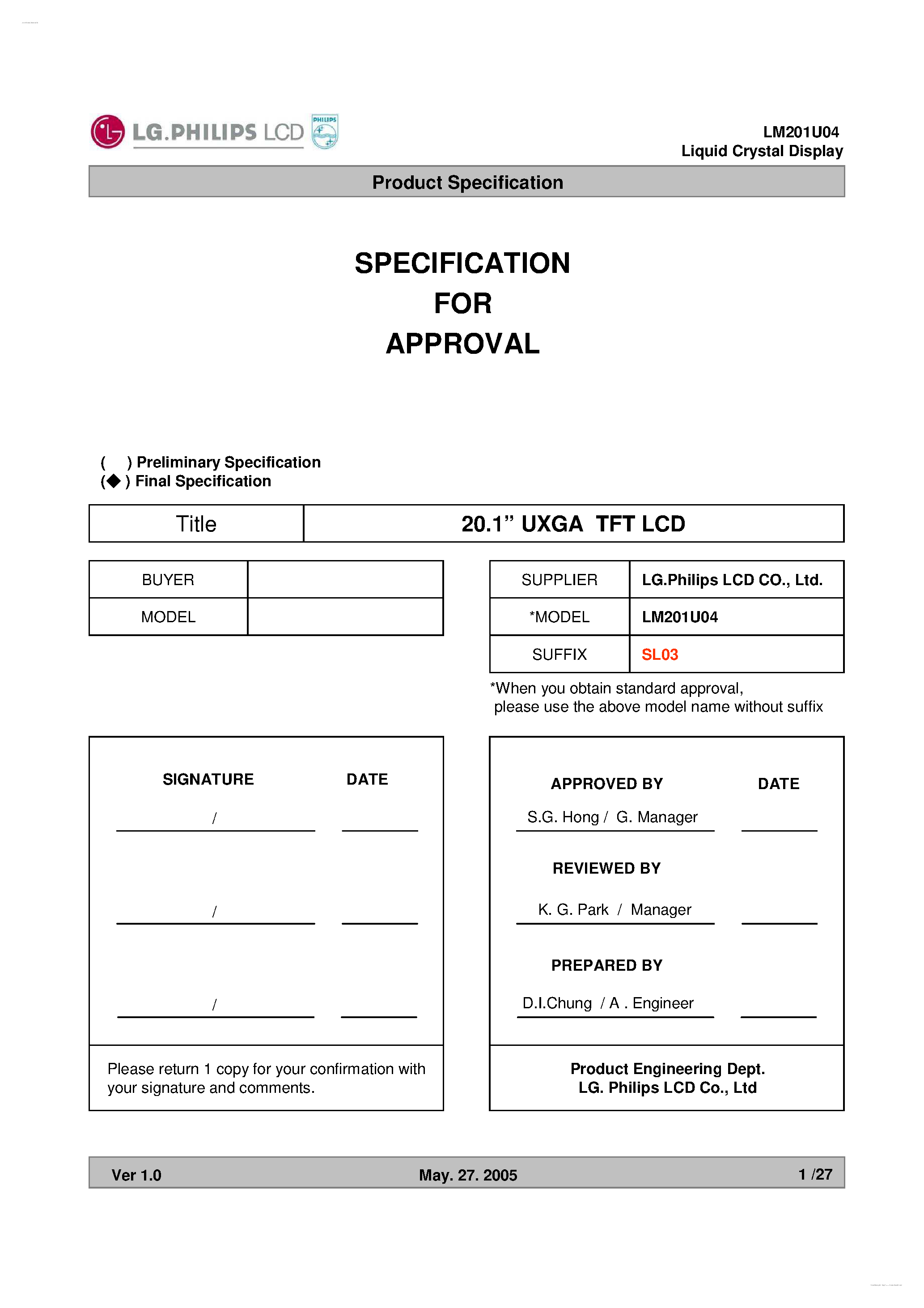 Даташит LM201U04-SL03 - Display Module страница 1