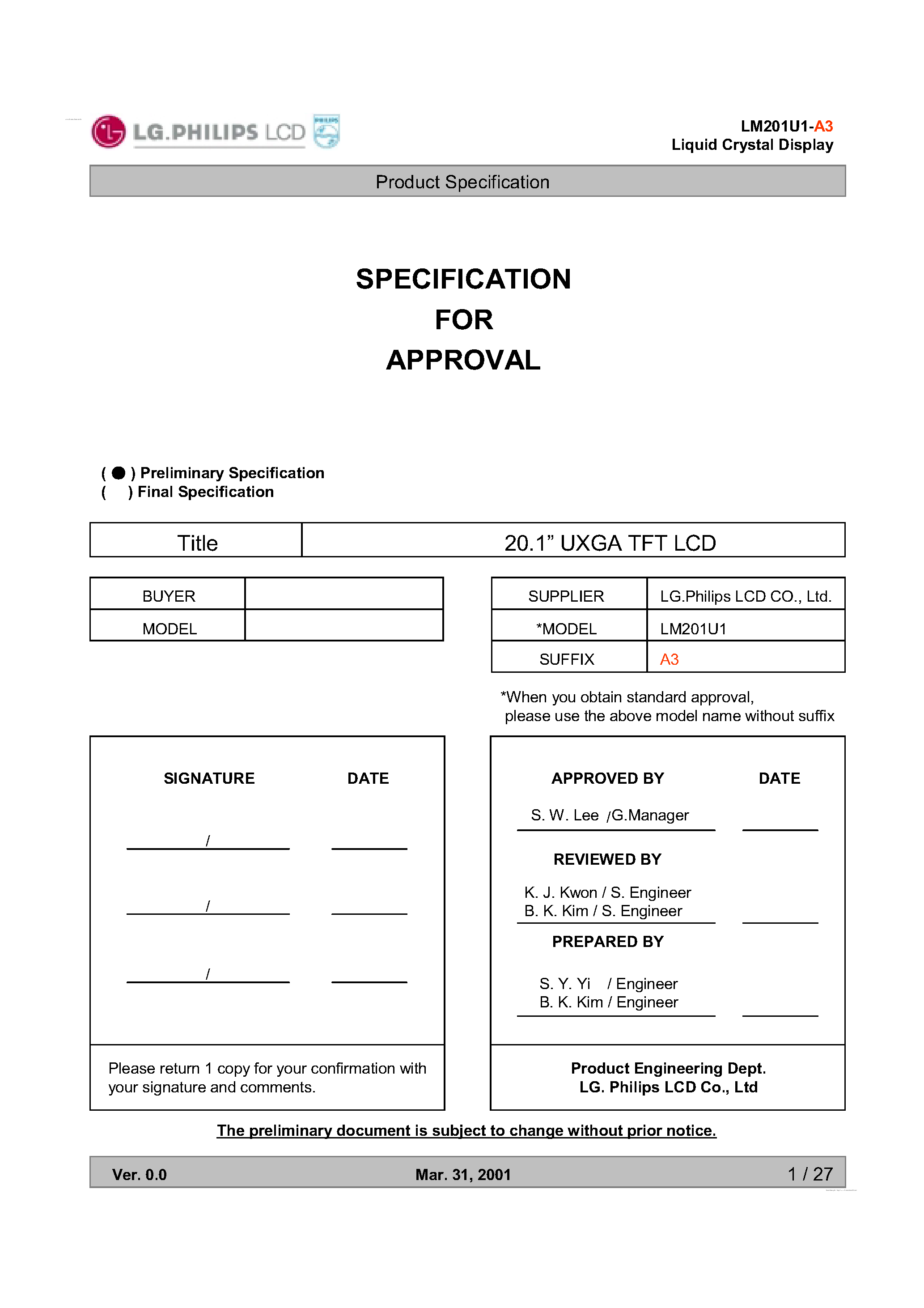 Даташит LM201U1-A3 - Display Module страница 1