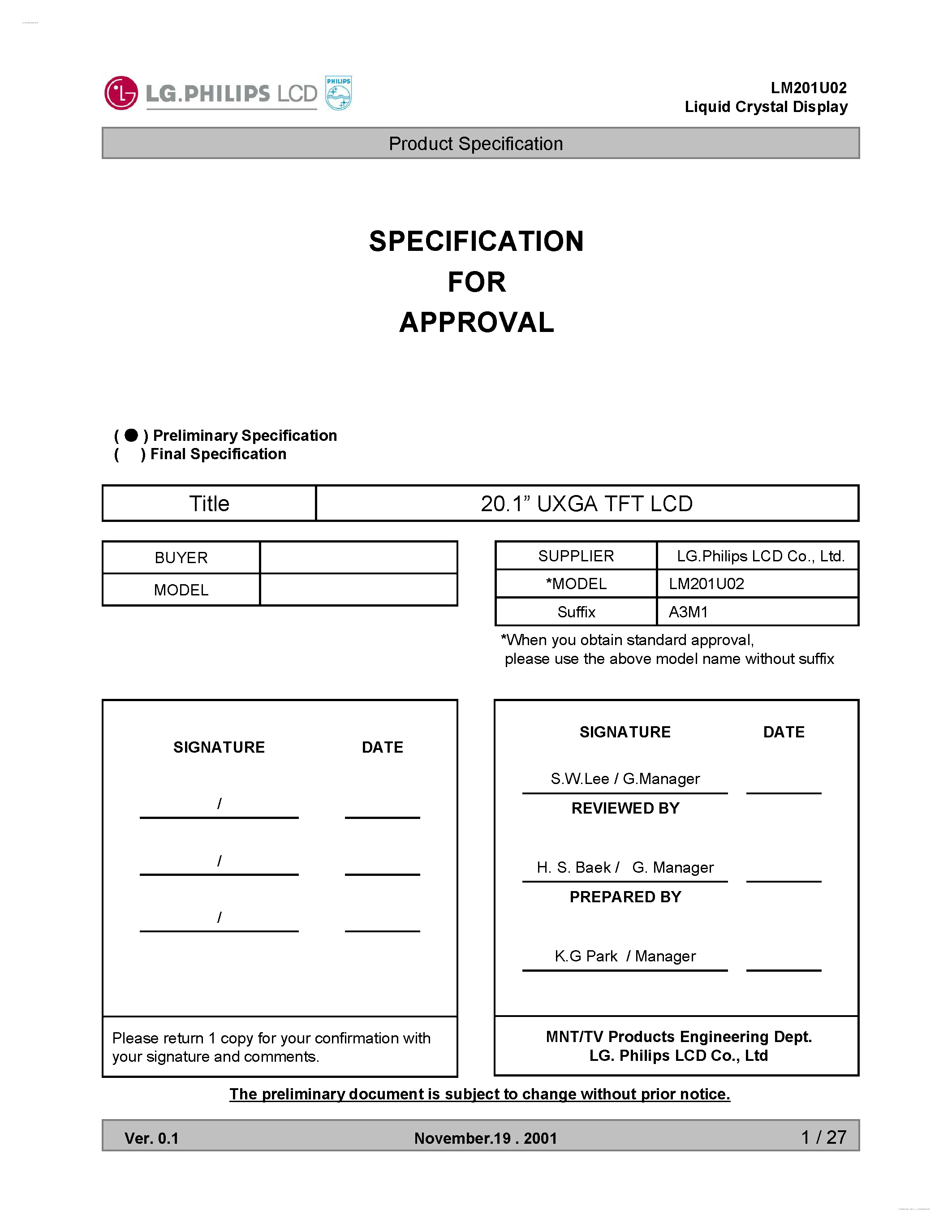 Даташит LM201U02-A3M1 - Display Module страница 1