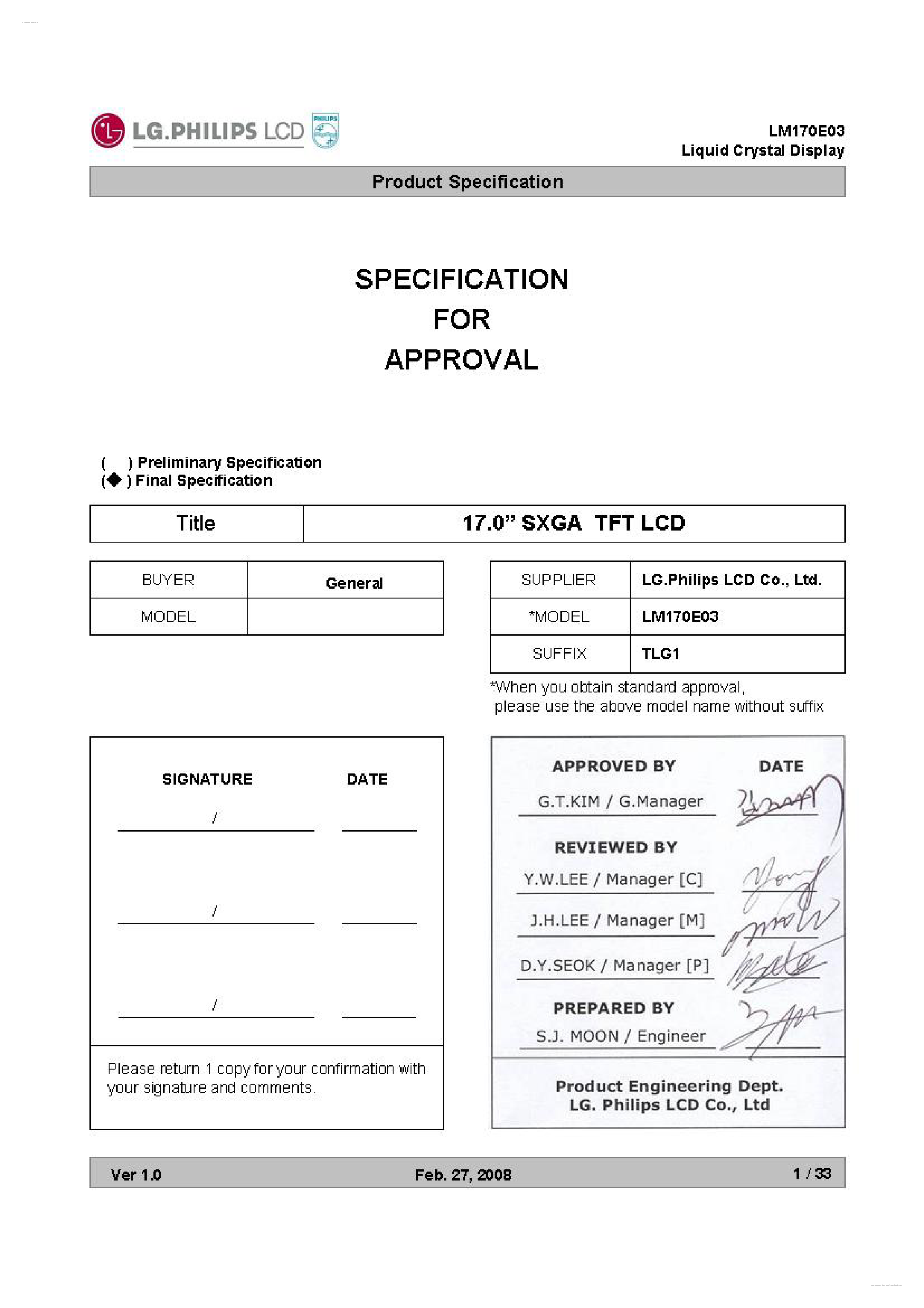 Даташит на микросхему LM170E03-TLG1 страница 1 Даташит LM170E03-TLG1 - Display Module страница 1