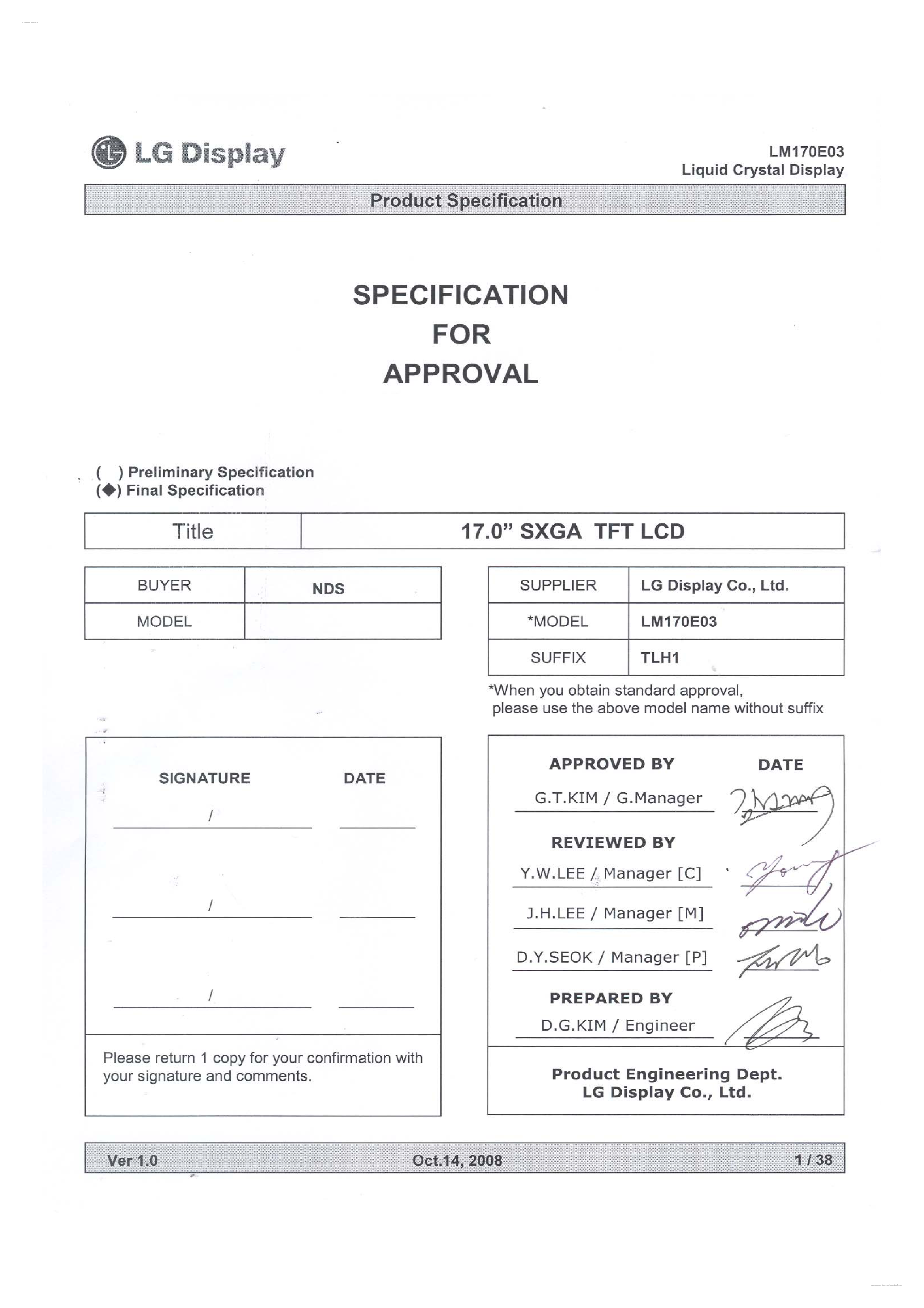 Даташит на микросхему LM170E03-TLH1 страница 1 Даташит LM170E03-TLH1 - Display Module страница 1