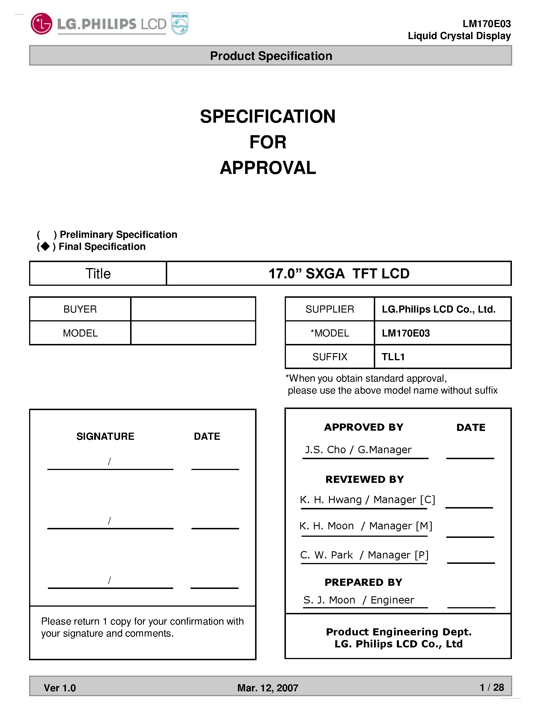 Даташит на микросхему LM170E03-TLL1 страница 1 Даташит LM170E03-TLL1 - Display Module страница 1
