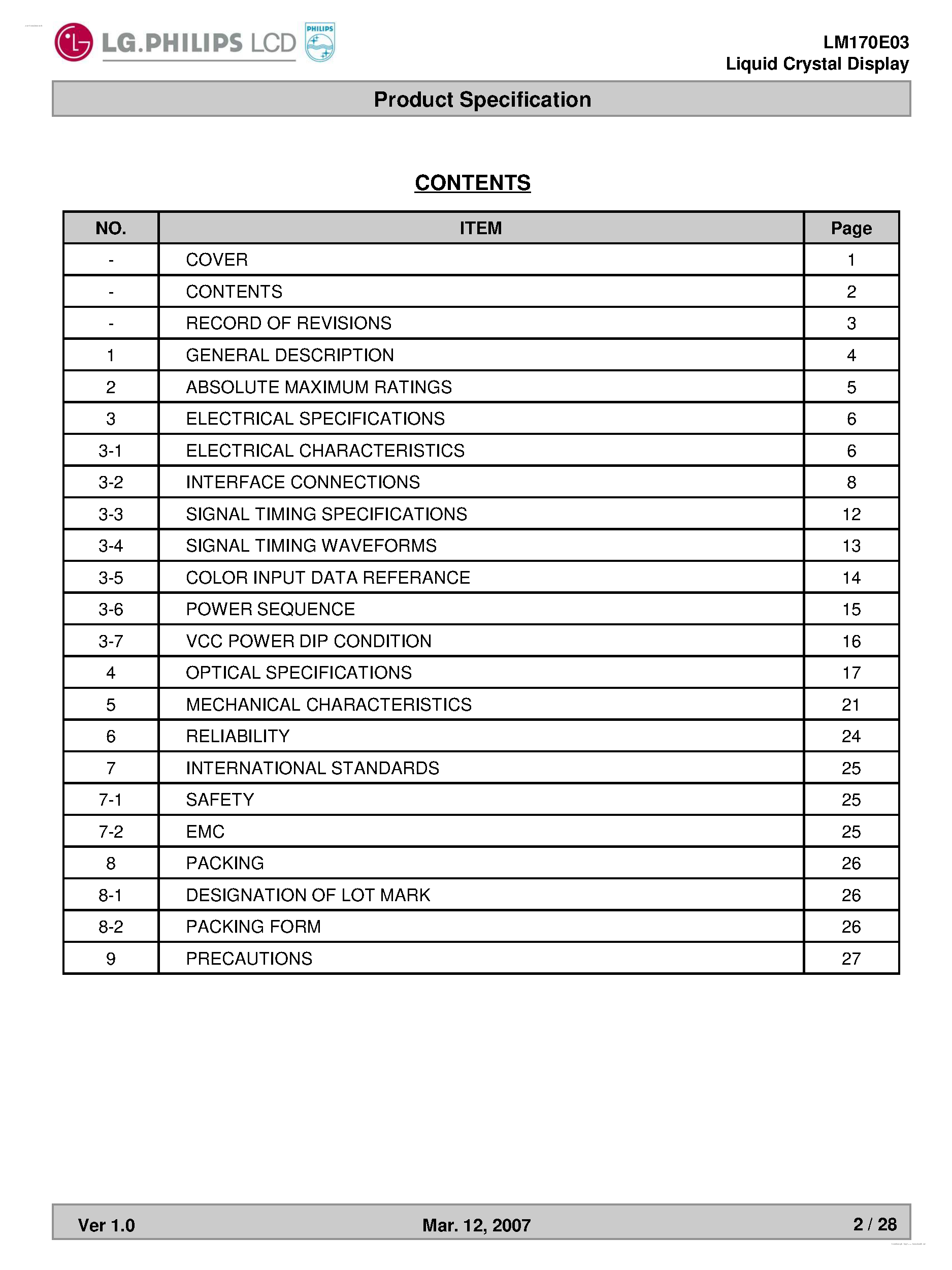 Даташит на микросхему LM170E03-TLL1 страница 2 Даташит LM170E03-TLL1 - Display Module страница 2