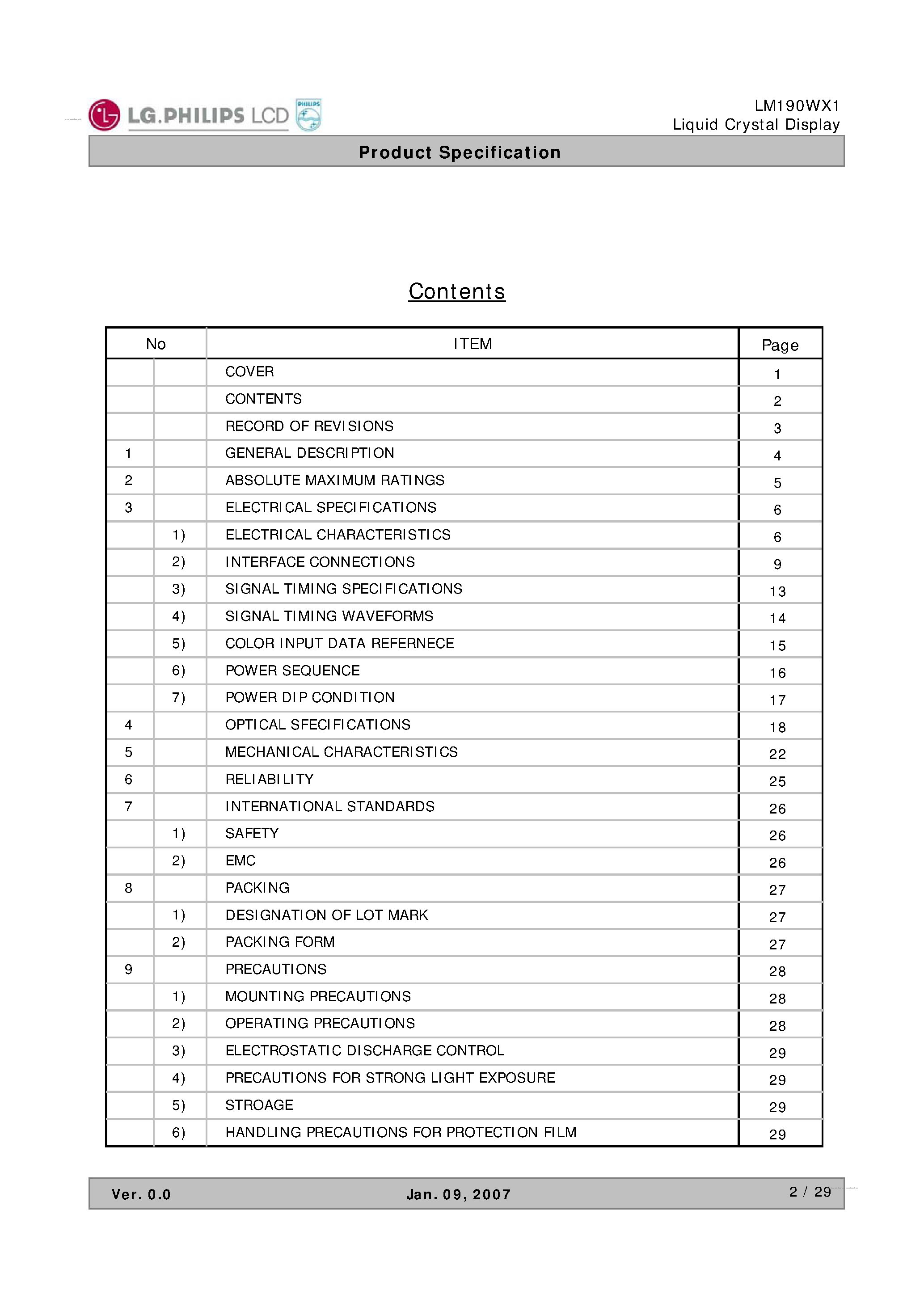 Даташит на микросхему LM190WX1-TLC1 страница 2 Даташит LM190WX1-TLC1 - Display Module страница 2