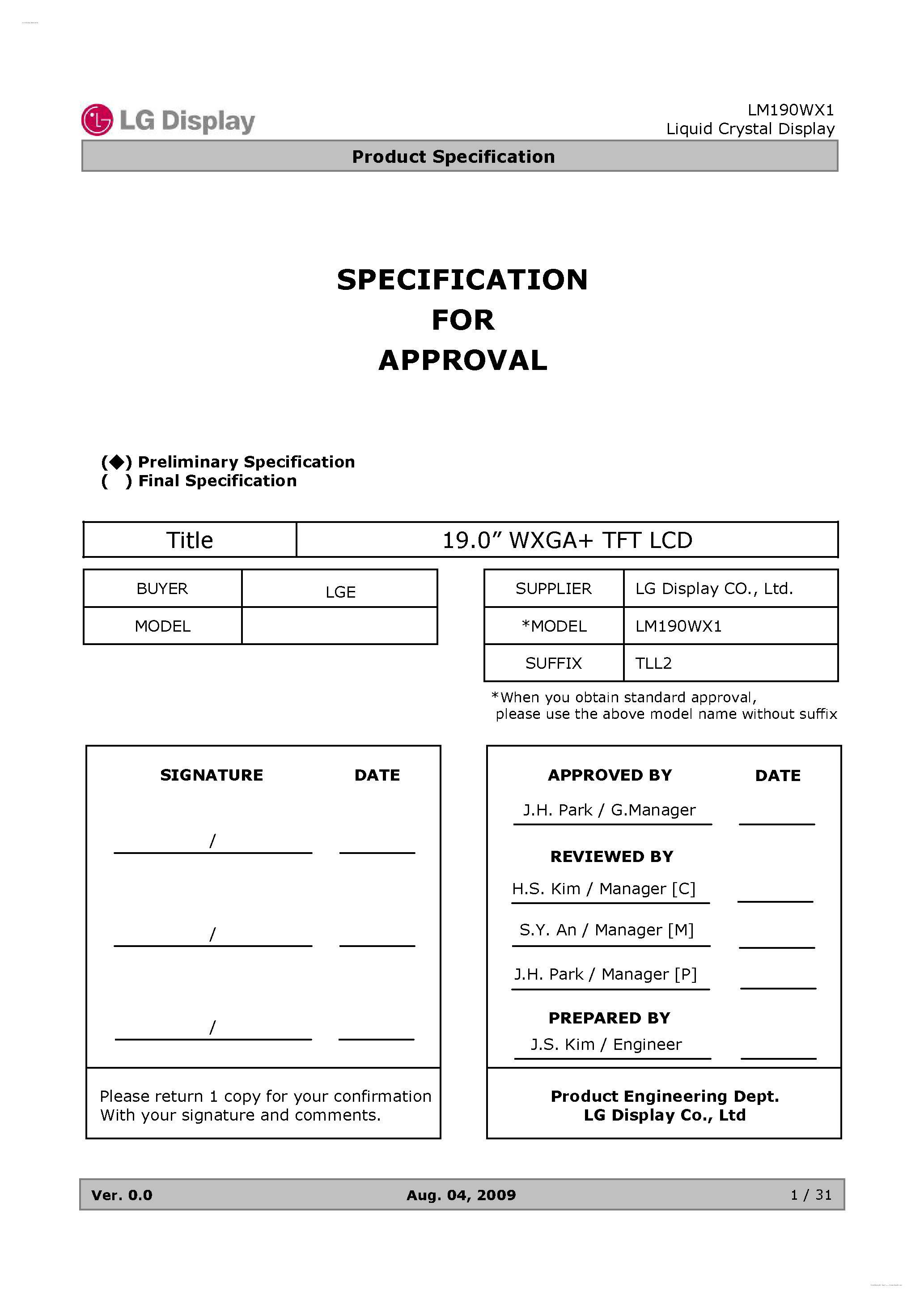 Даташит на микросхему LM190WX1-TLL2 страница 1 Даташит LM190WX1-TLL2 - Display Module страница 1