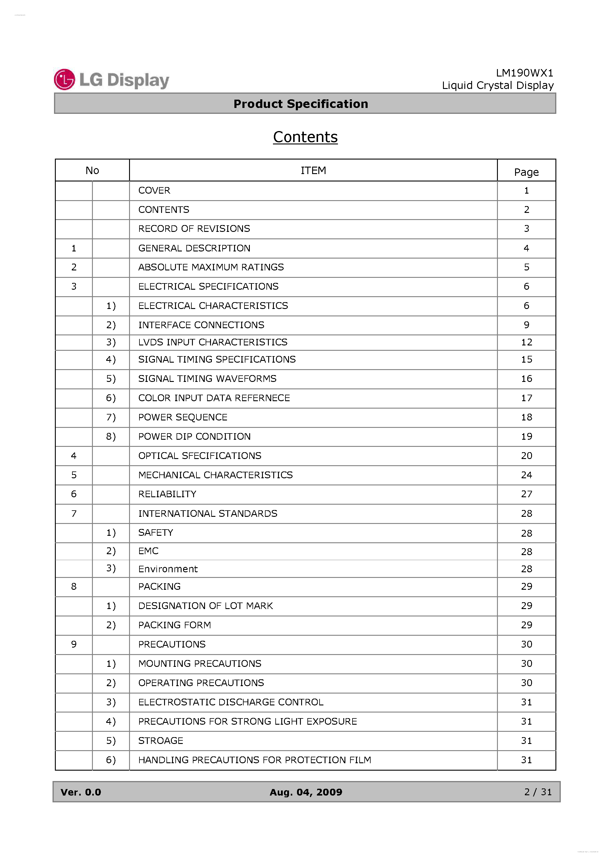 Даташит на микросхему LM190WX1-TLL2 страница 2 Даташит LM190WX1-TLL2 - Display Module страница 2