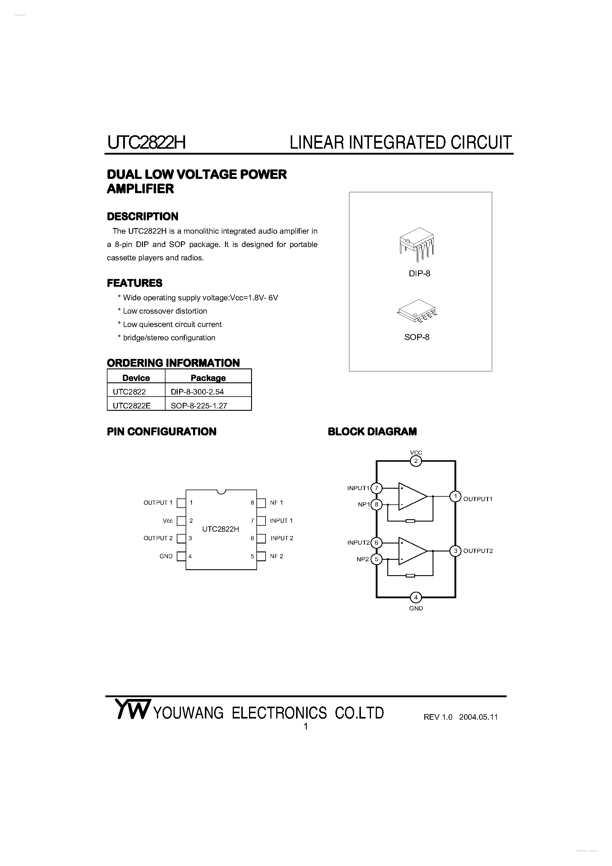Даташит UTC2822H - DUAL LOW VOLTAGE POWER AMPLIFIER страница 1