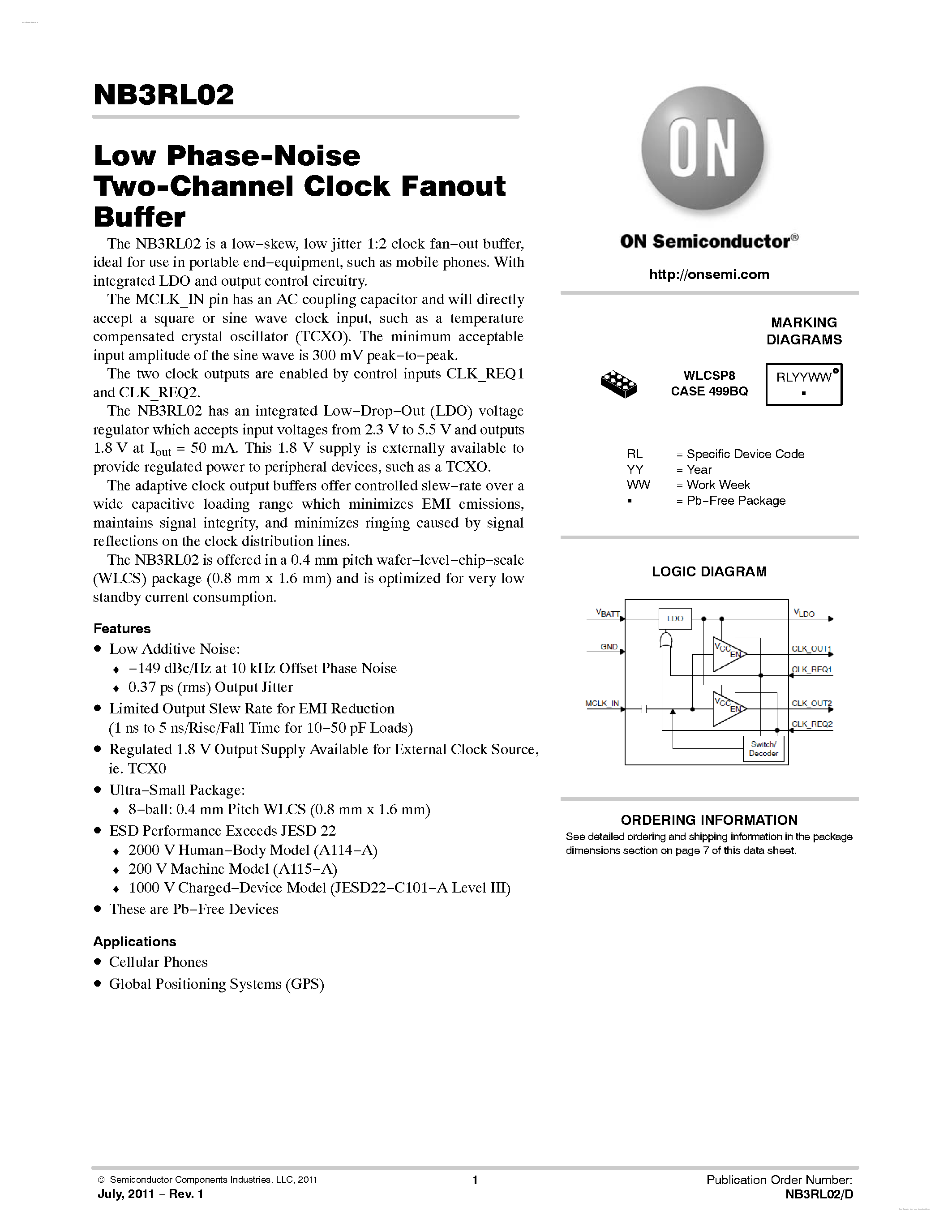 Datasheet NB3RL02 - Low Phase-Noise Two-Channel Clock Fanout Buffer page 1