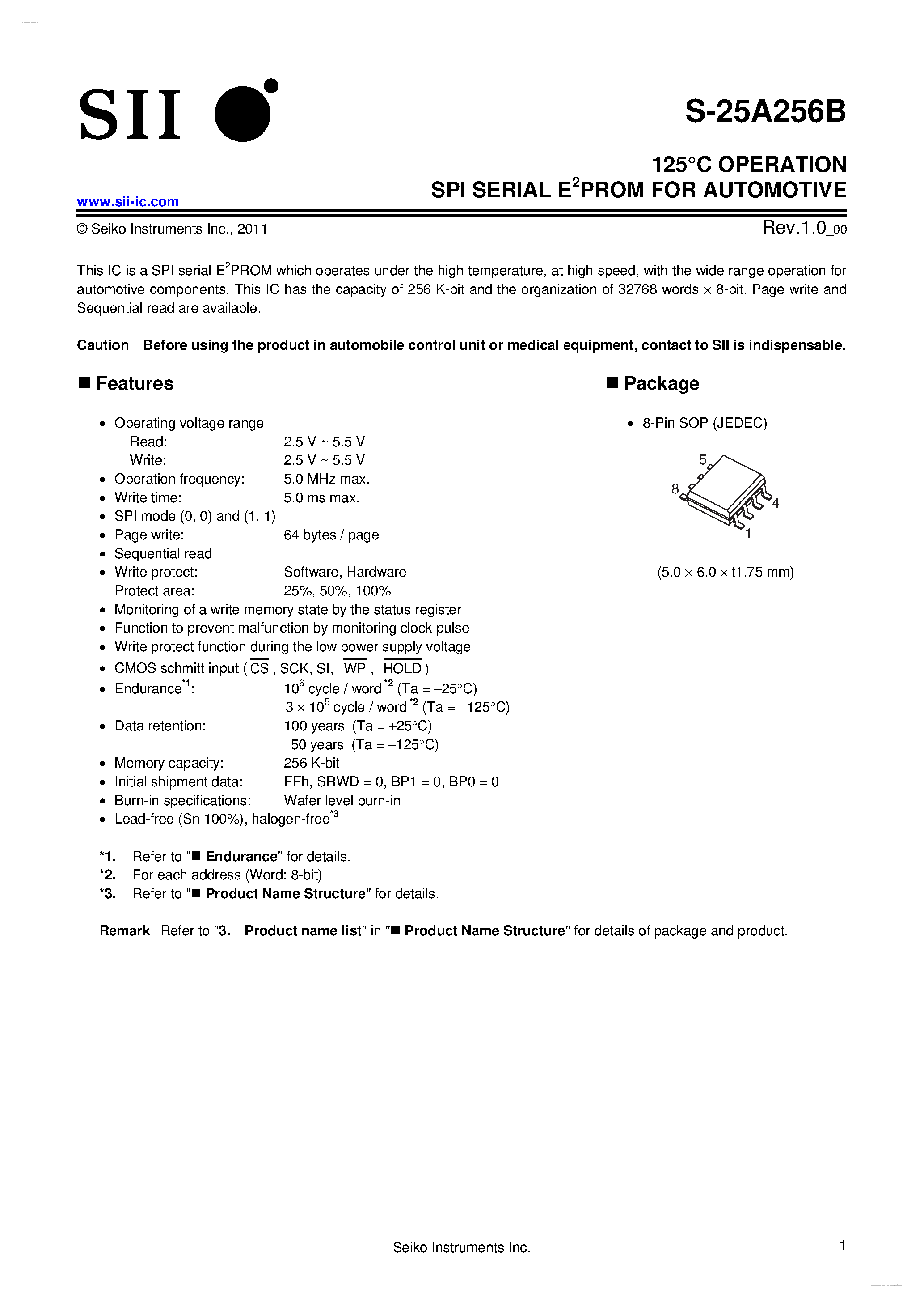 Даташит S-25A256B - 125C OPERATION SPI SERIAL E2PROM страница 1