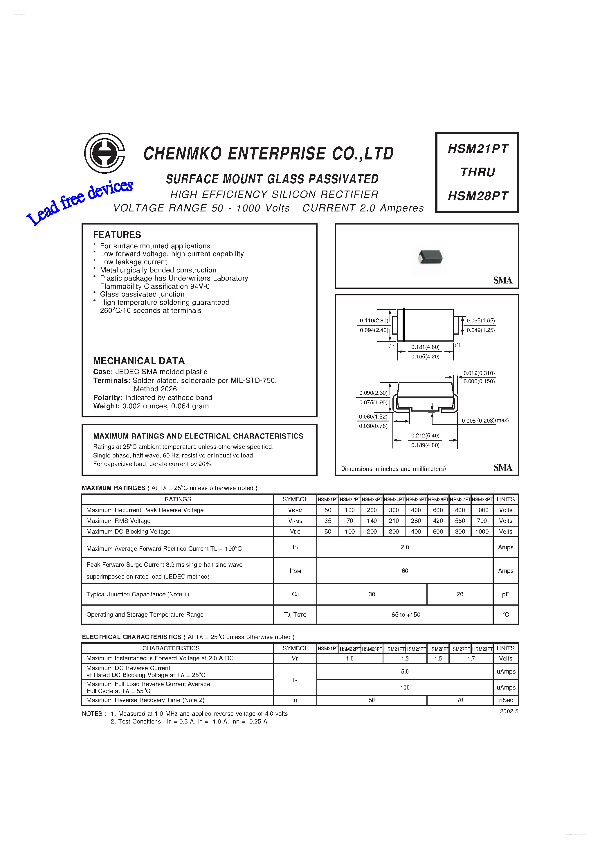 Datasheet HSM21PT page 1 Datasheet HSM21PT - (HSM21PT - HSM28PT) HIGH EFFICIENCY SILICON RECTIFIER page 1
