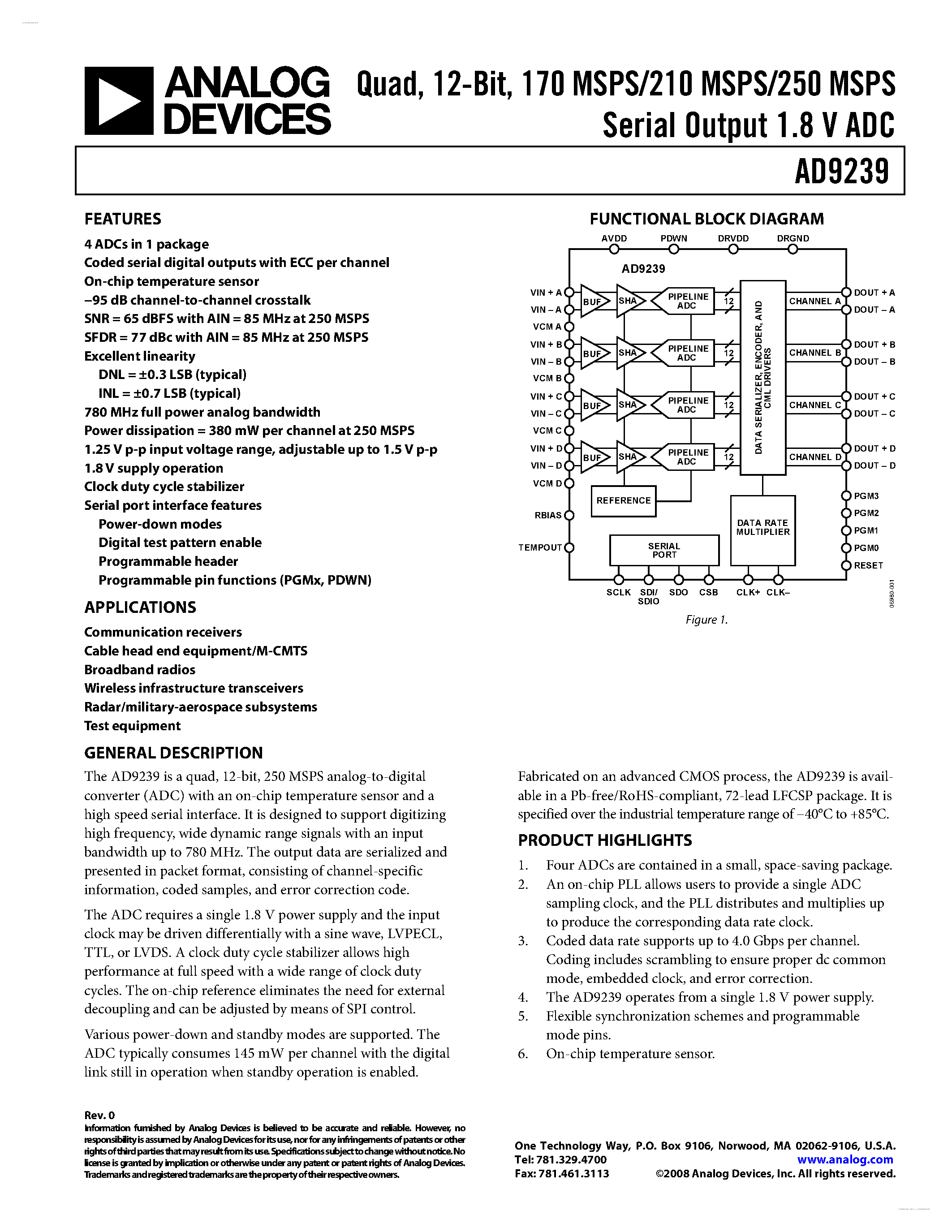 Datasheet AD9239 - 170 MSPS/210 MSPS/250 MSPS Serial Output 1.8 V ADC page 1