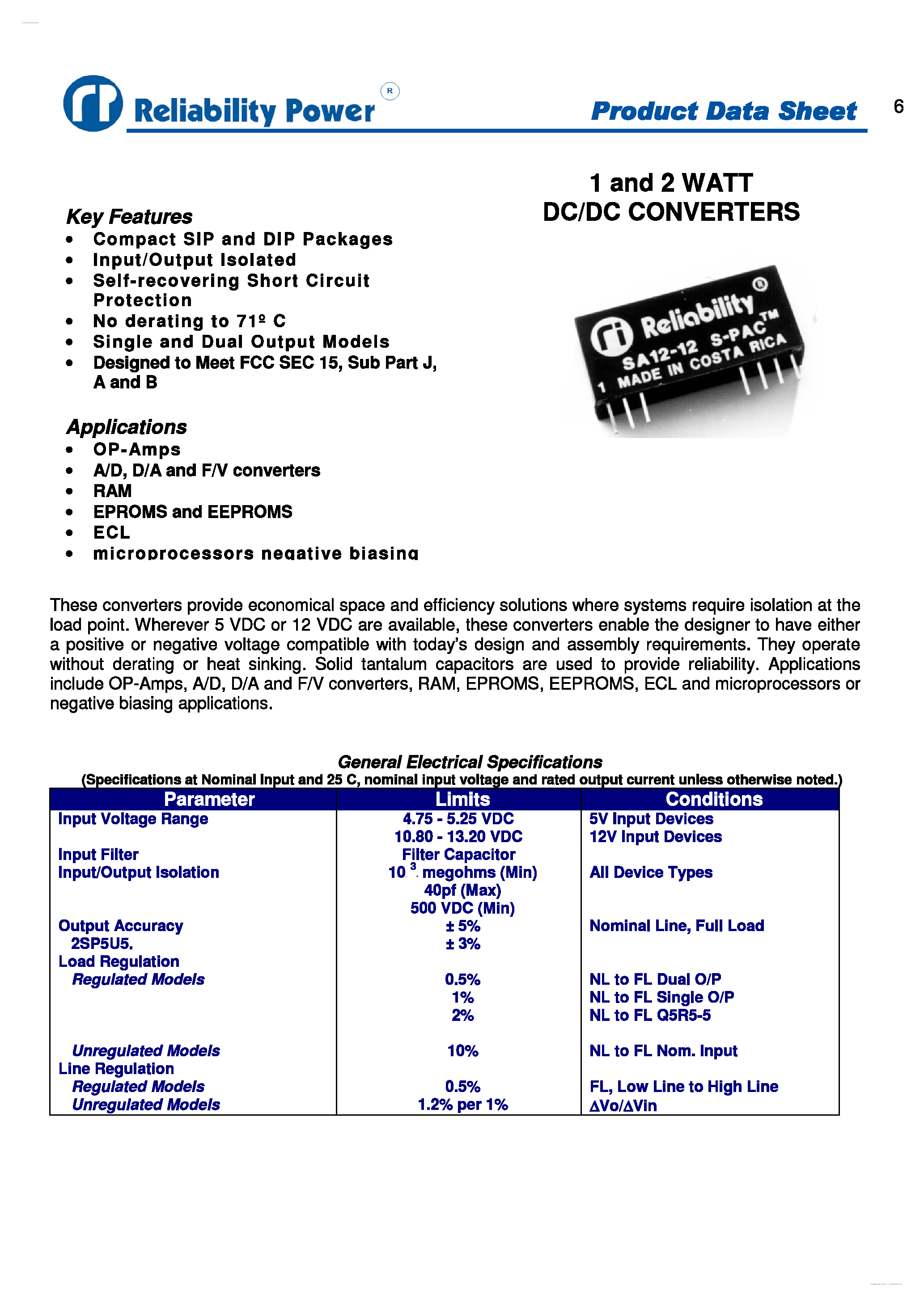 Datasheet S12R15 page 1 Datasheet S12R15 - 1 and 2 WATT DC/DC CONVERTERS page 1