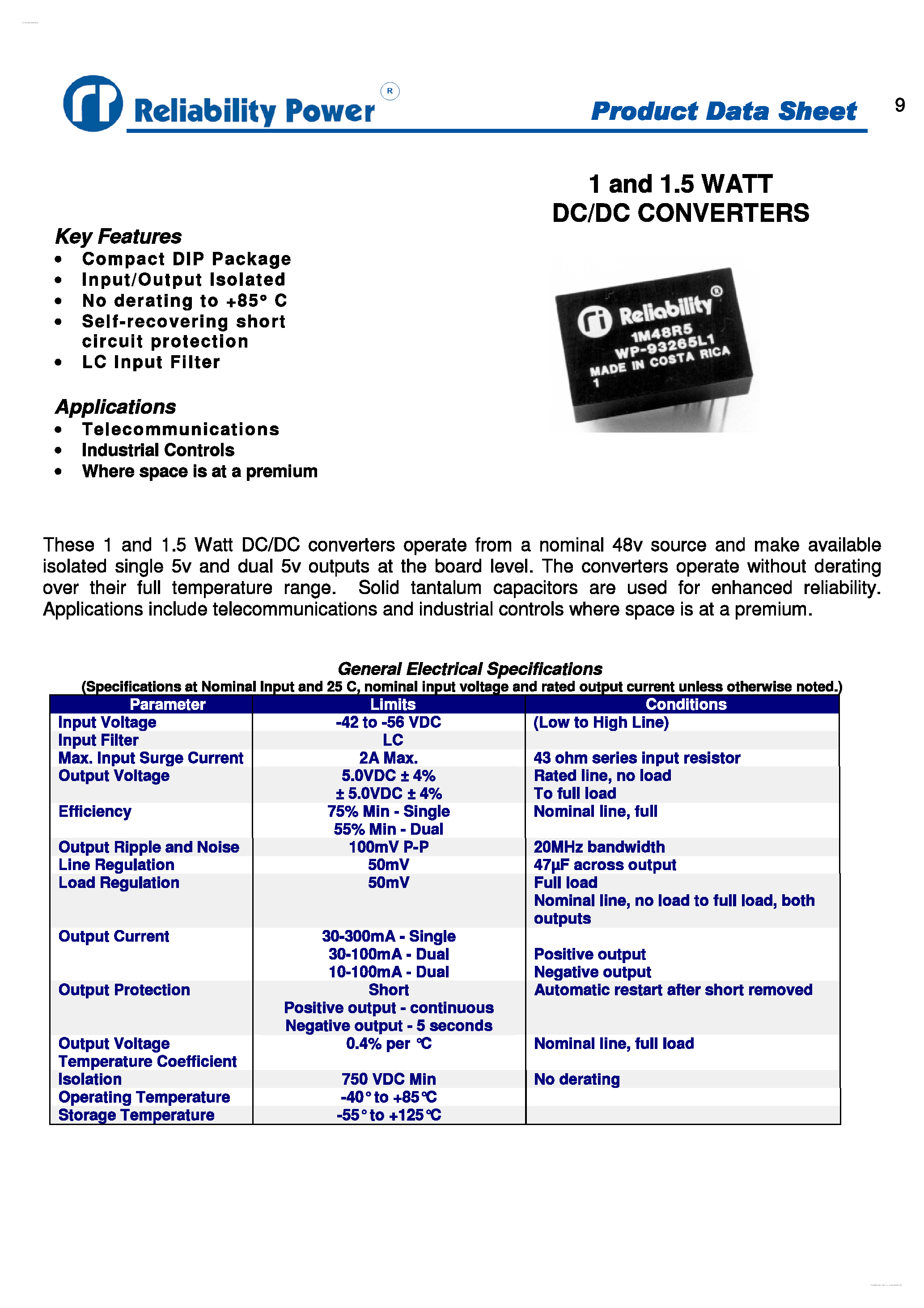 Даташит 1M48R5 - 1 and 1.5 WATT DC/DC CONVERTERS страница 1