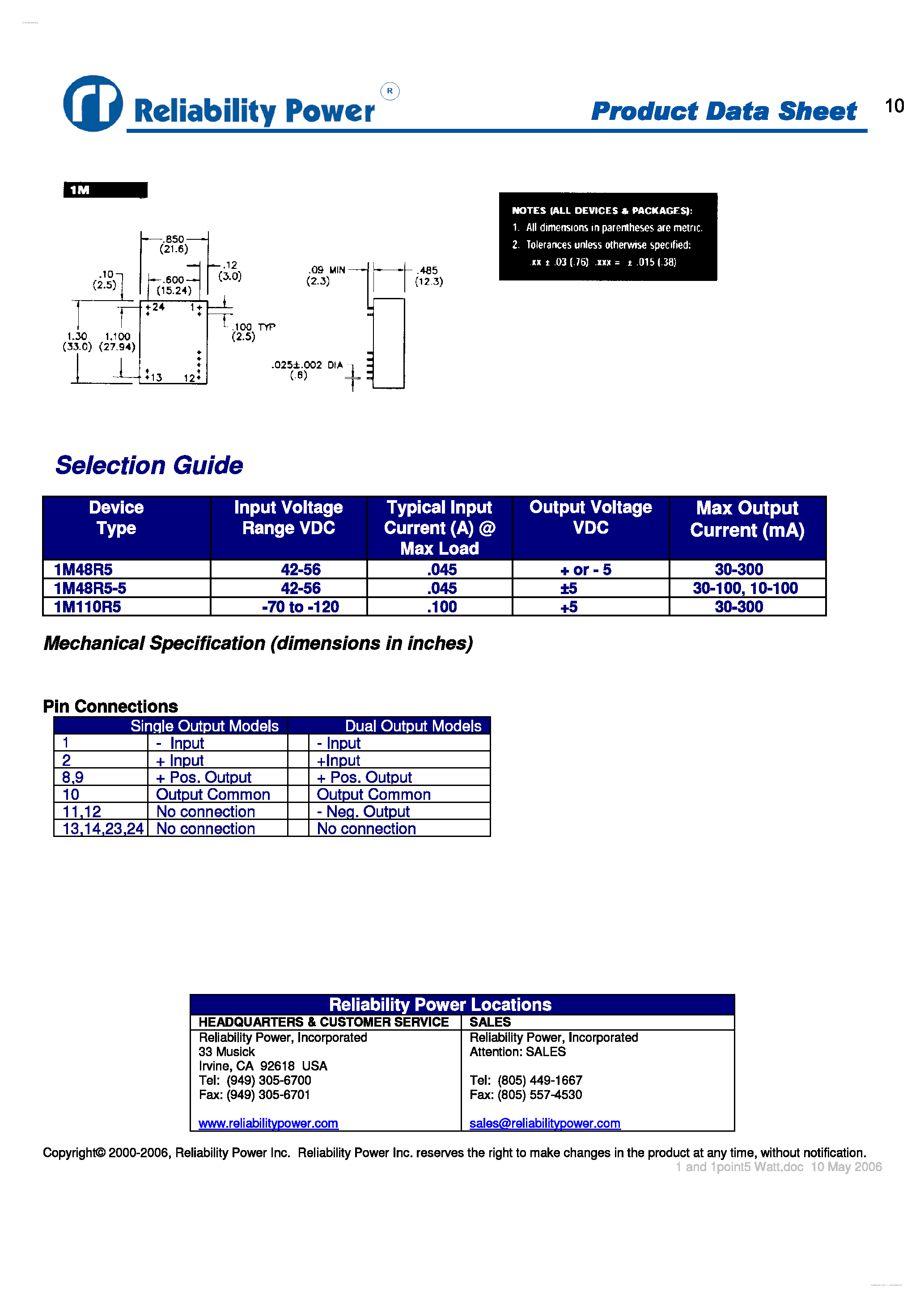 Datasheet 1M48R5 - 1 and 1.5 WATT DC/DC CONVERTERS page 2