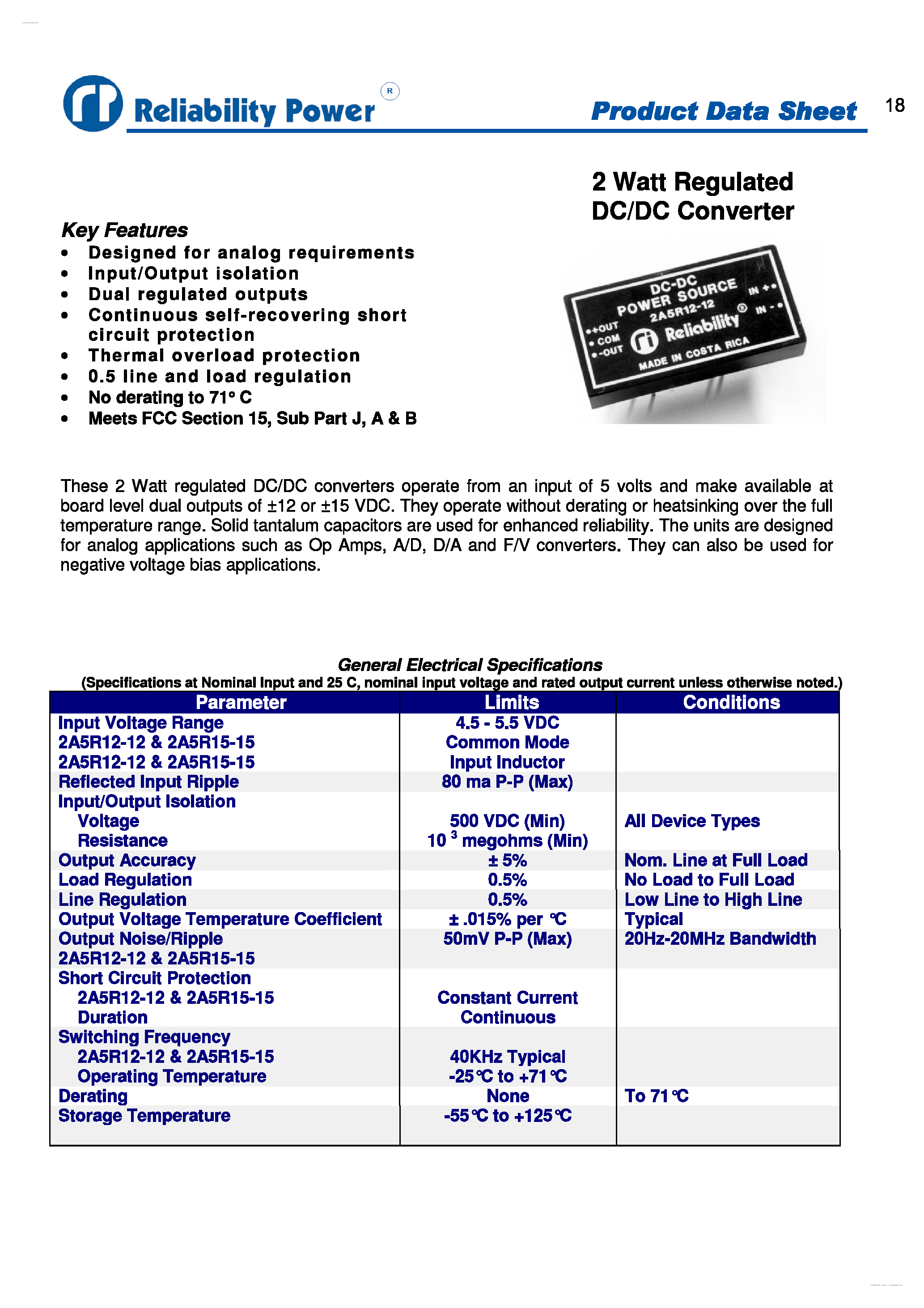 Datasheet 2A5R12-12 - 2 Watt Regulated DC/DC Converter page 1
