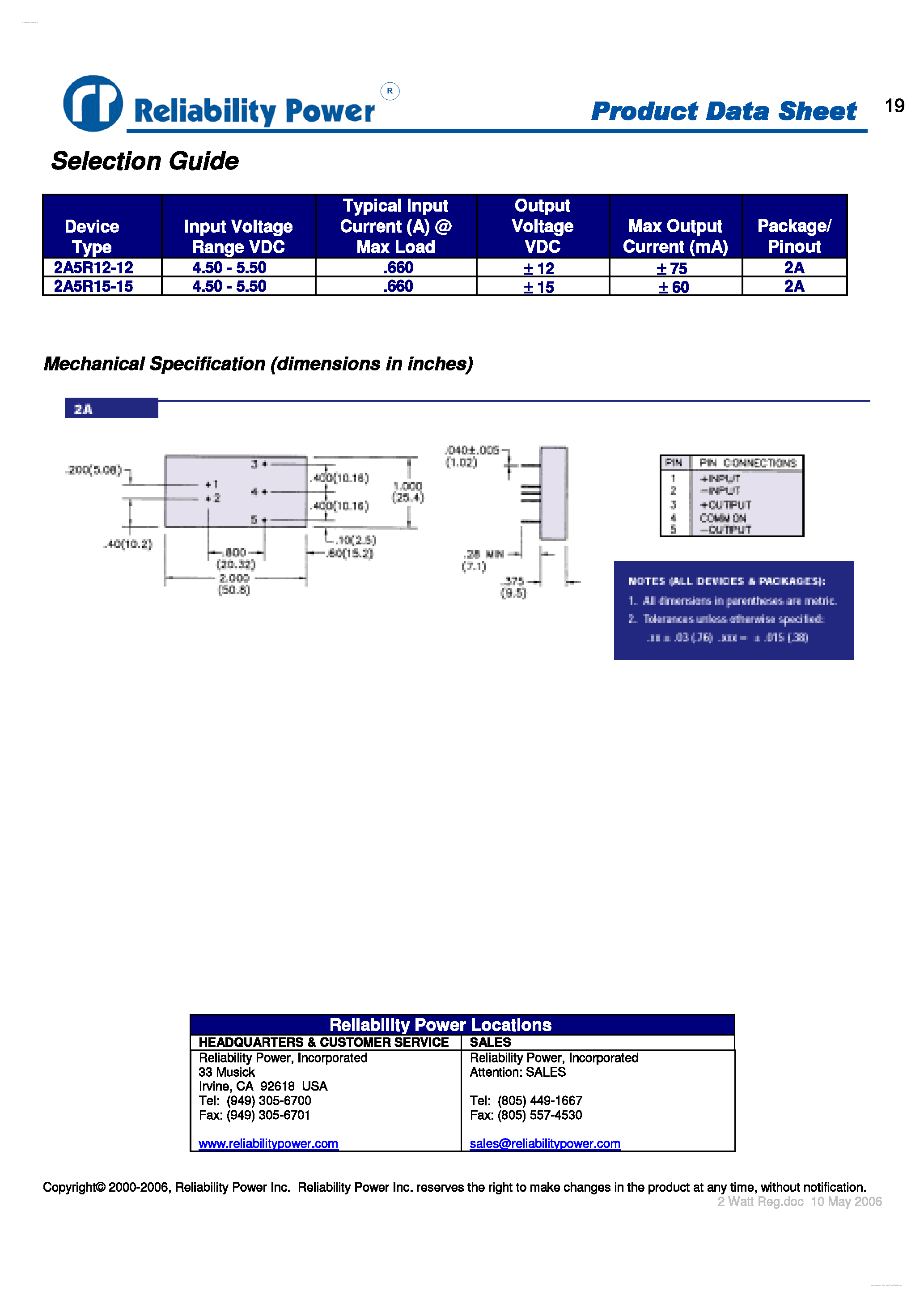 Datasheet 2A5R12-12 - 2 Watt Regulated DC/DC Converter page 2