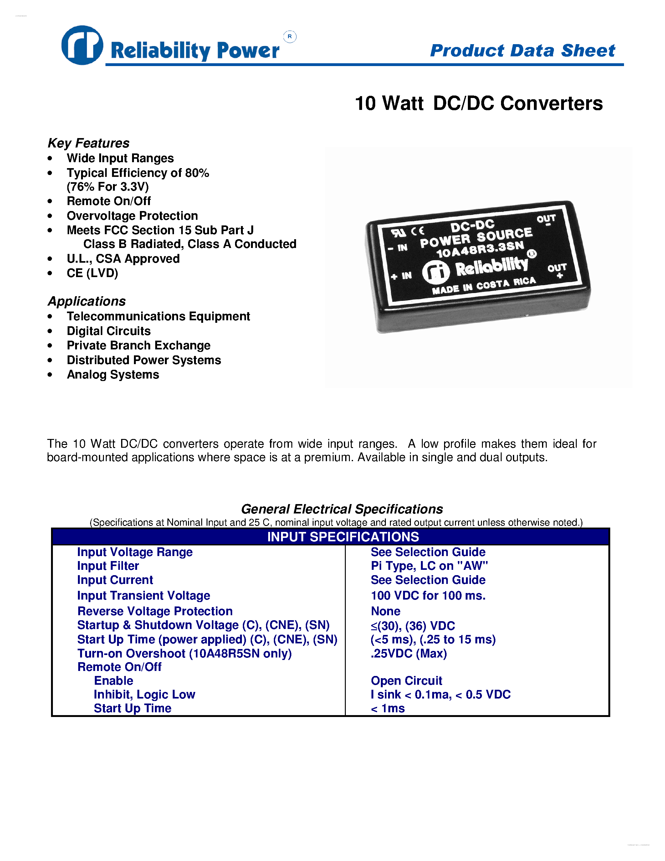 Datasheet 10A24R12C - 10 Watt DC/DC Converters page 1