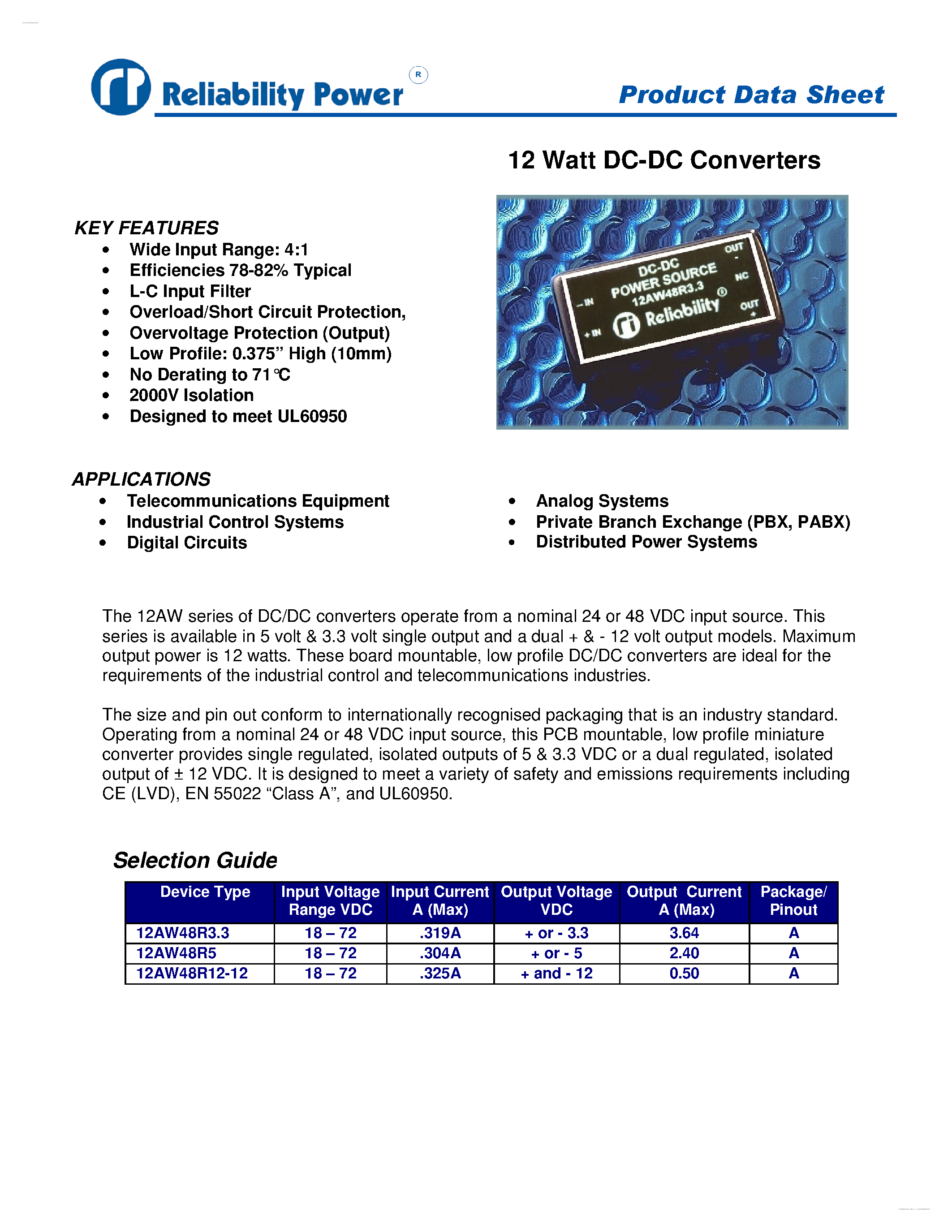 Datasheet 12AW48R12-12 - 12 Watt DC-DC Converters page 1