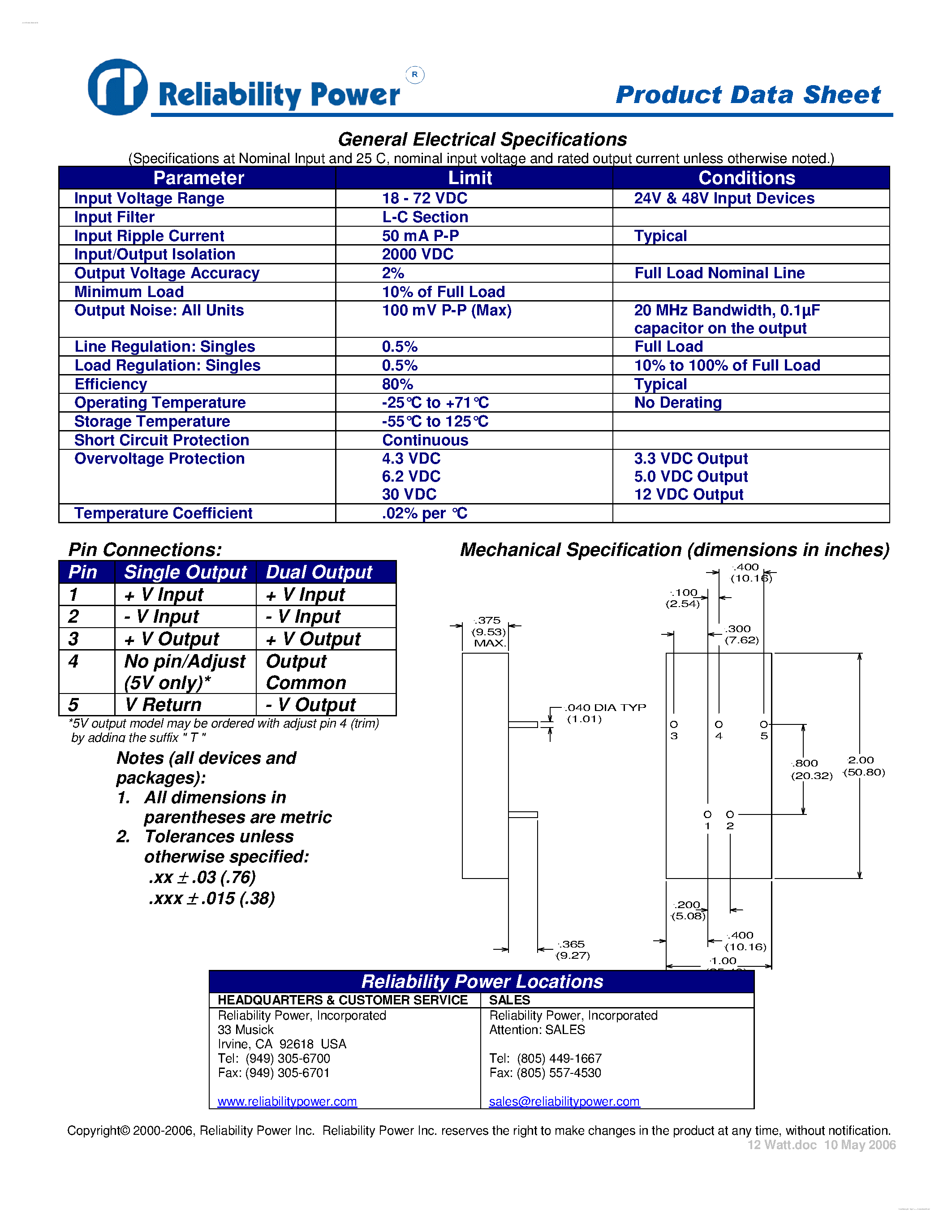Datasheet 12AW48R12-12 - 12 Watt DC-DC Converters page 2