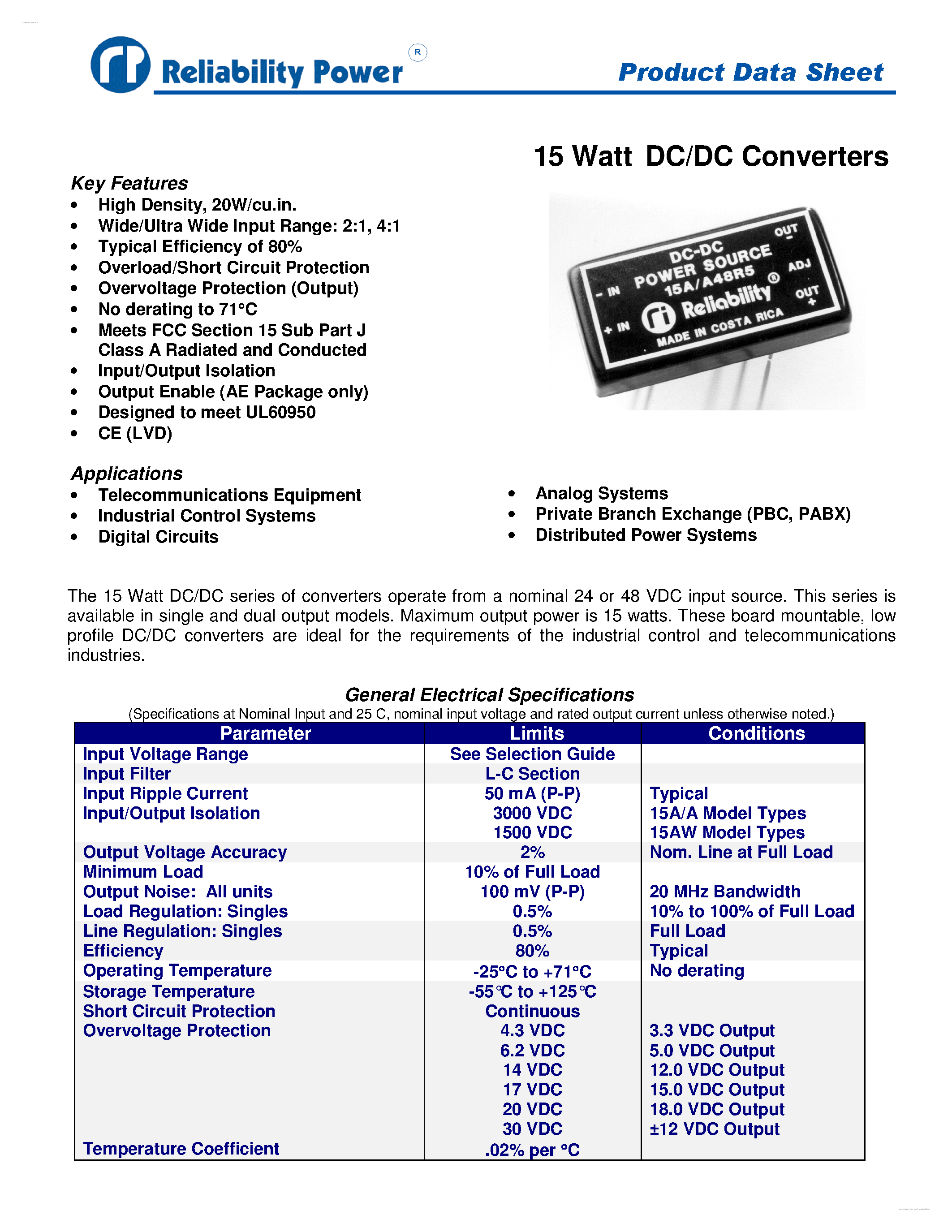Datasheet 15A/A24R12 - 15 Watt DC/DC Converters page 1