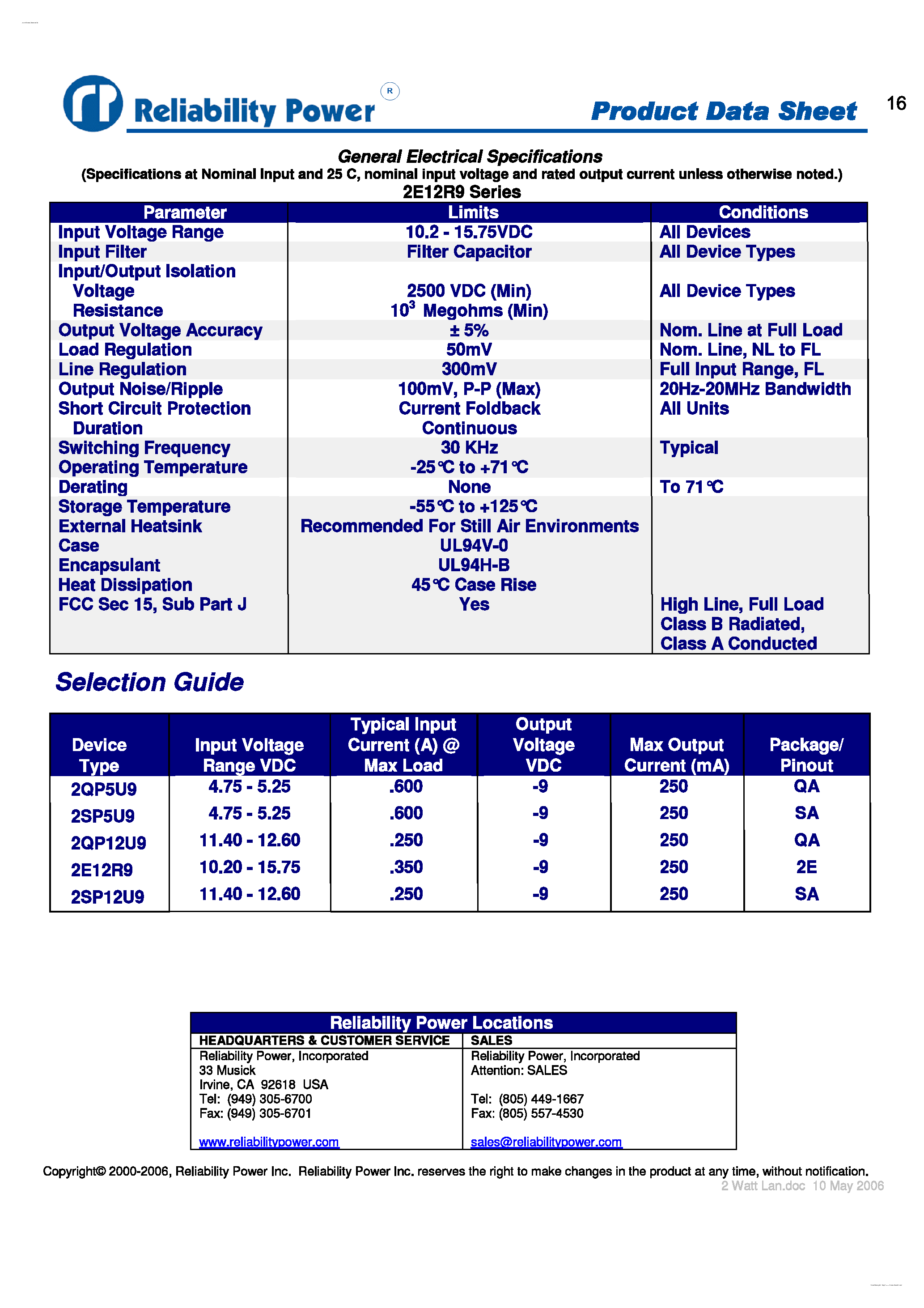 Datasheet 2QP12U9 - 2 Watt DC/DC Converters page 2