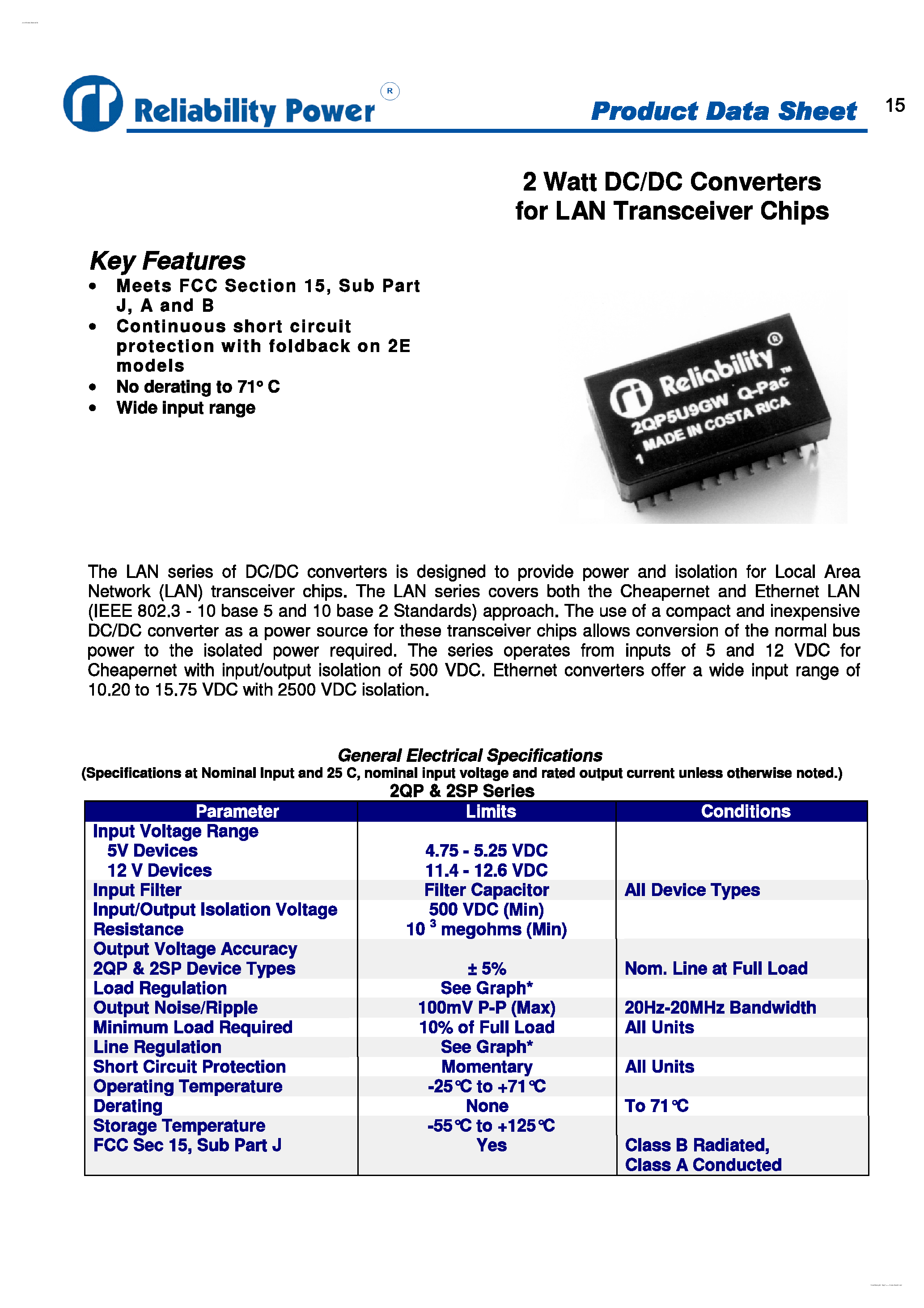 Datasheet 2E12R9 - 2 Watt DC/DC Converters page 1