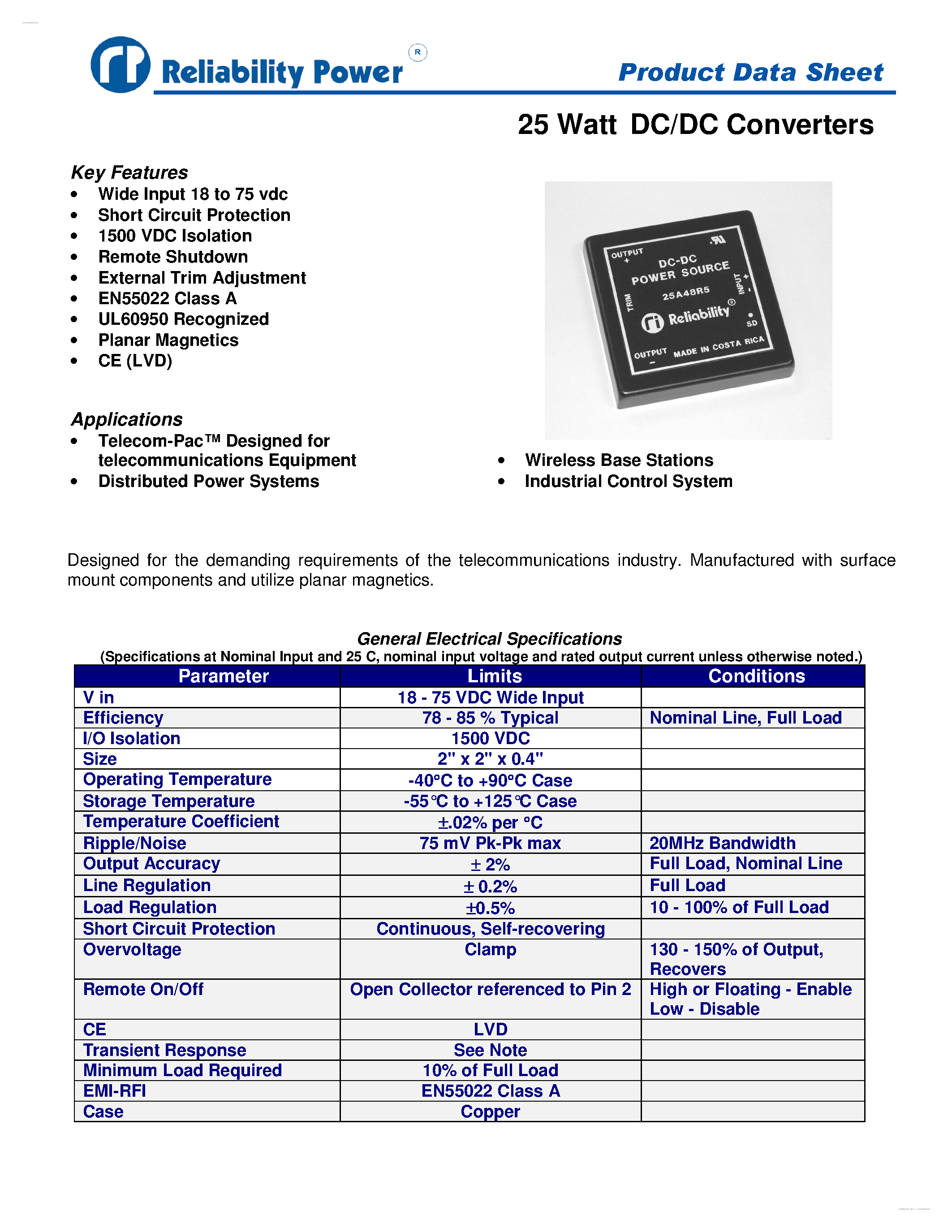 Datasheet 25A48R12 - 3.25 Watt DC/DC Converters page 1