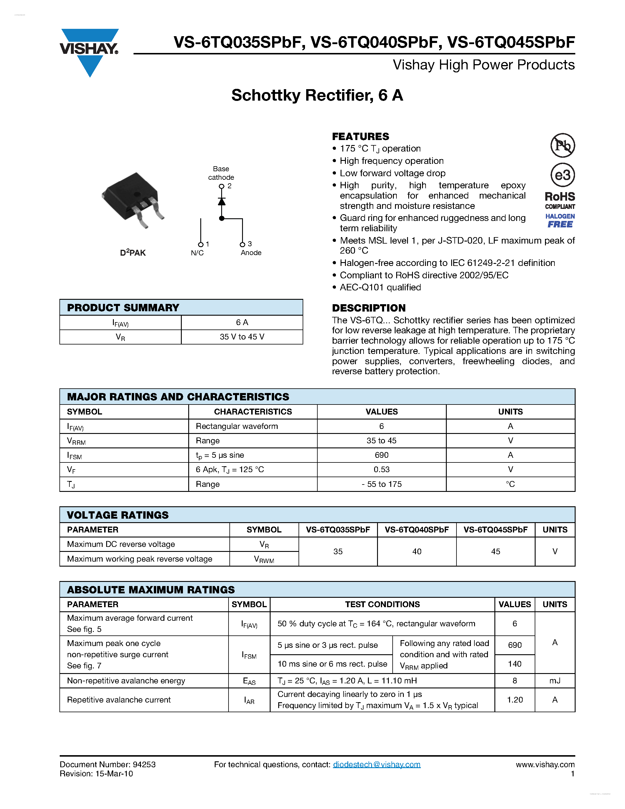 Datasheet 6TQ040SPBF - Schottky Rectifier page 1