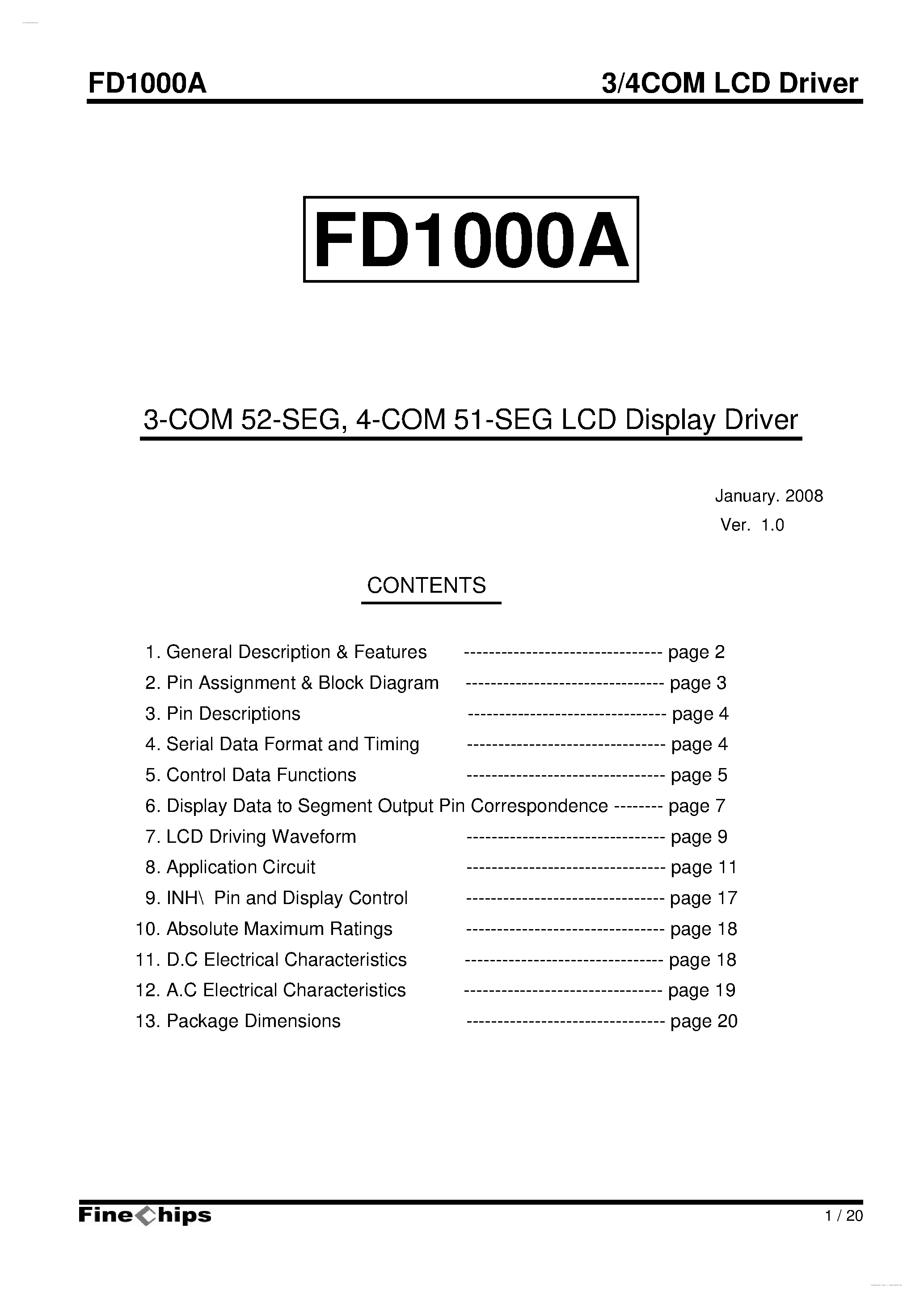 Даташит FD1000A - 4-COM 51-SEG LCD Display Driver страница 1