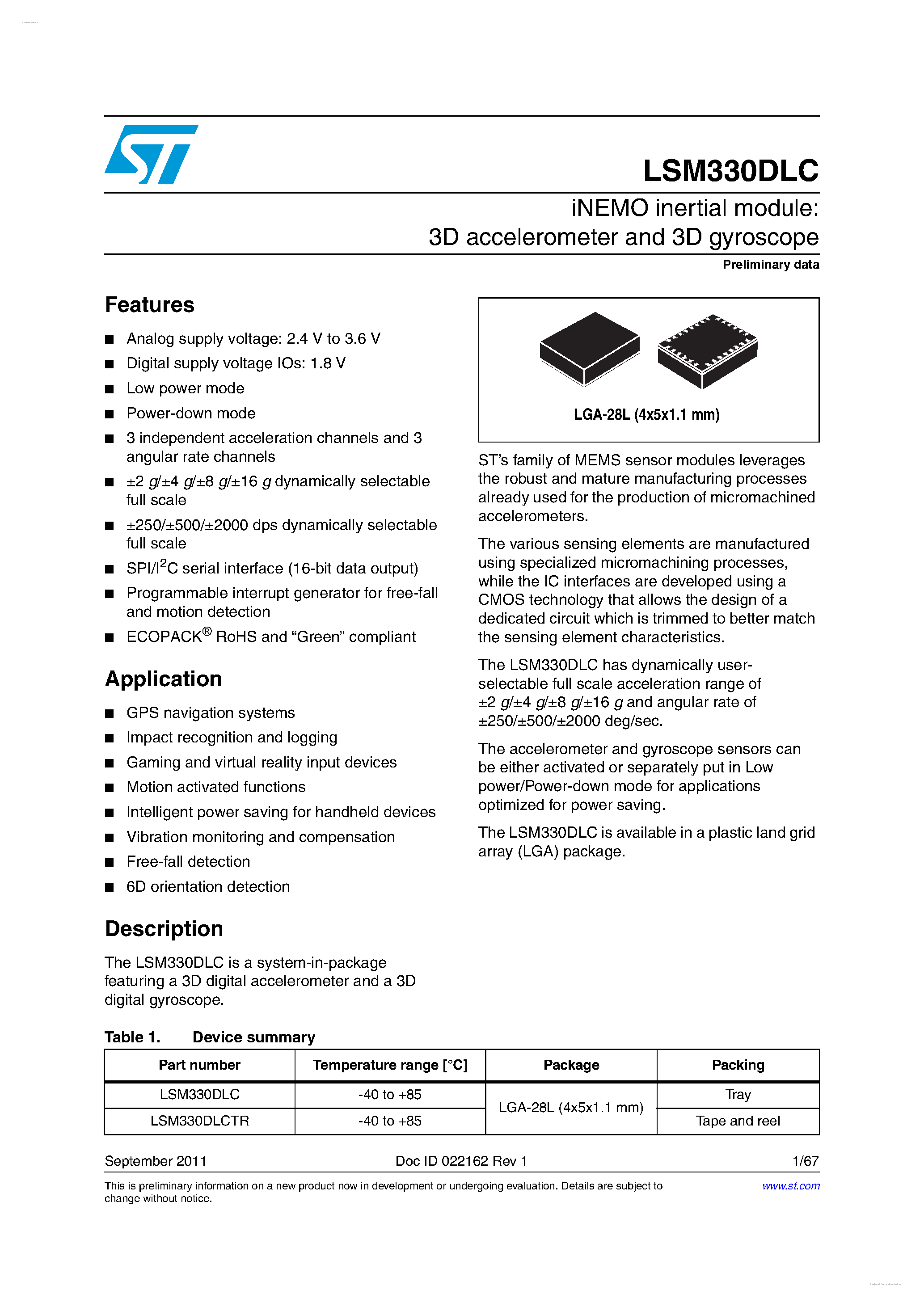 Даташит на микросхему LSM330DLC страница 1 Даташит LSM330DLC - iNEMO inertial module:3D accelerometer and 3D gyroscope страница 1
