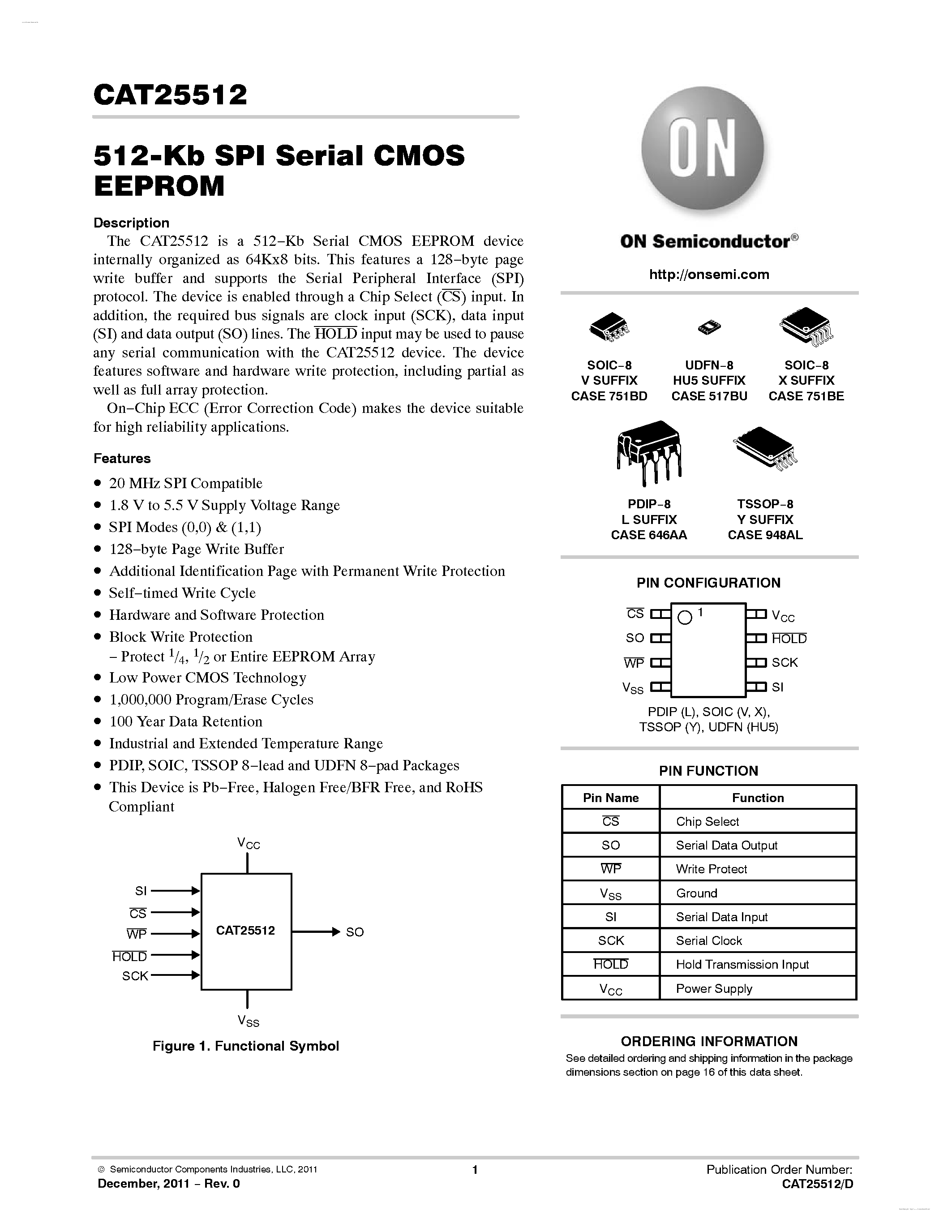 Datasheet CAT25512 - 512-Kb SPI Serial CMOS EEPROM page 1