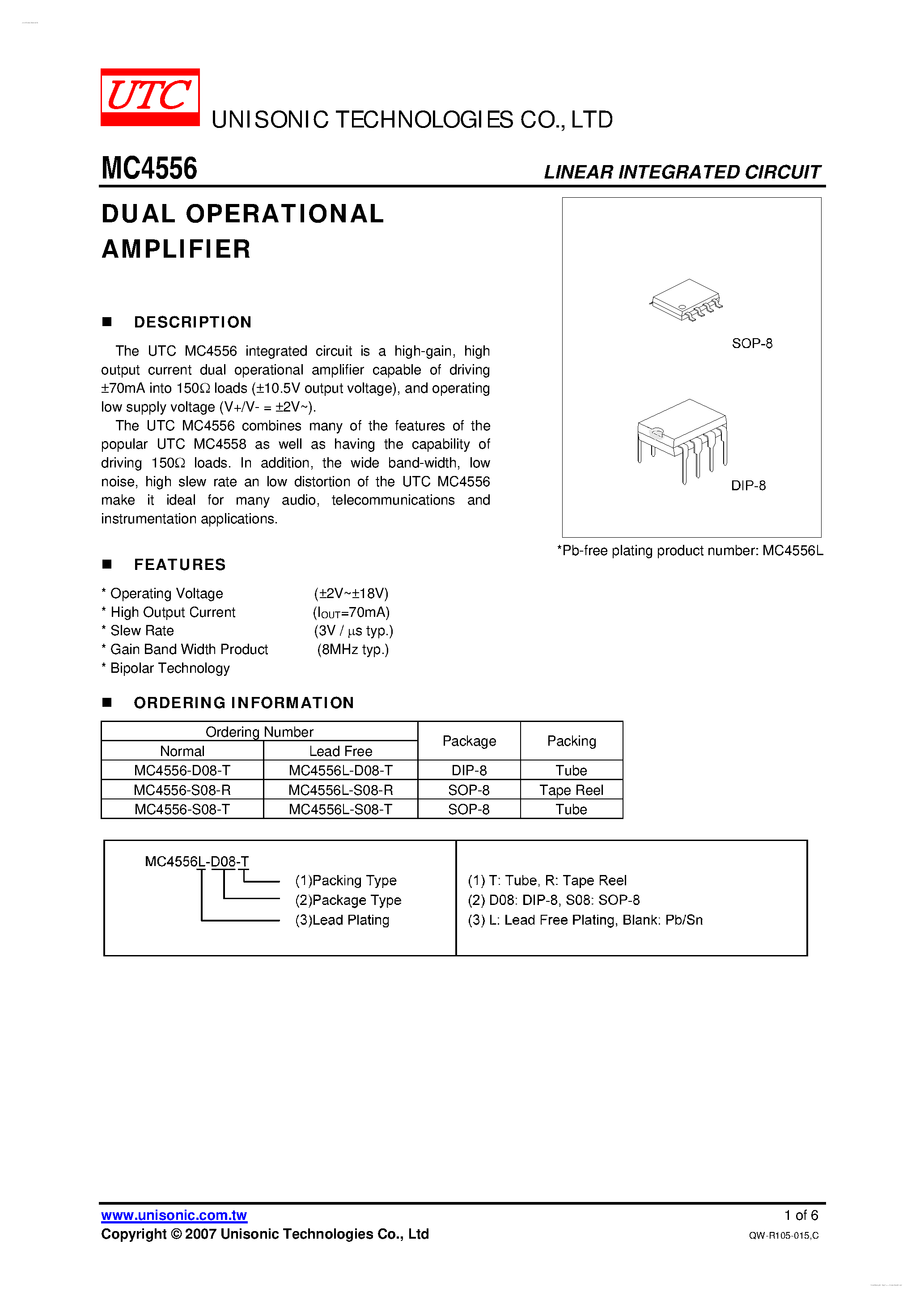Даташит MC4556 - DUAL OPERATIONAL AMPLIFIER страница 1