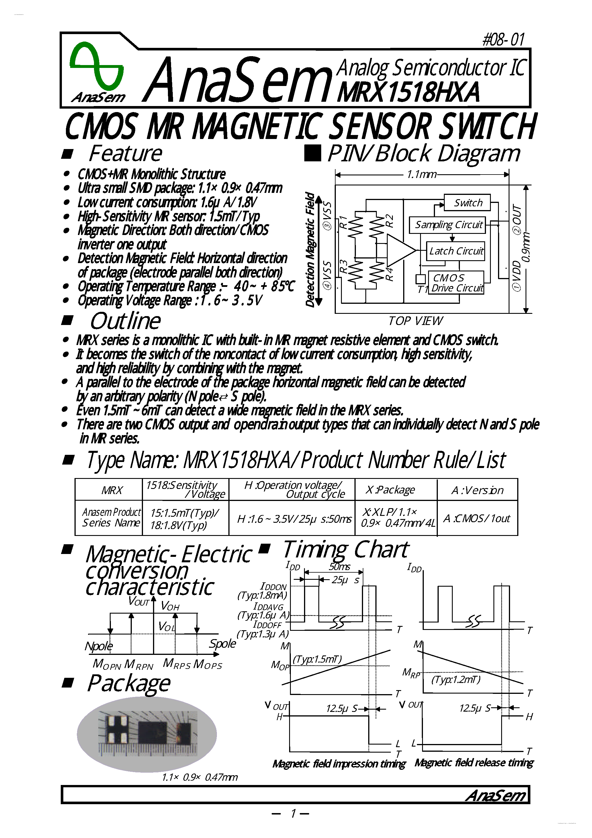 Datasheet MRX1518HXA page 1 Datasheet MRX1518HXA - CMOS MR MAGNETIC SENSOR SWITCH page 1