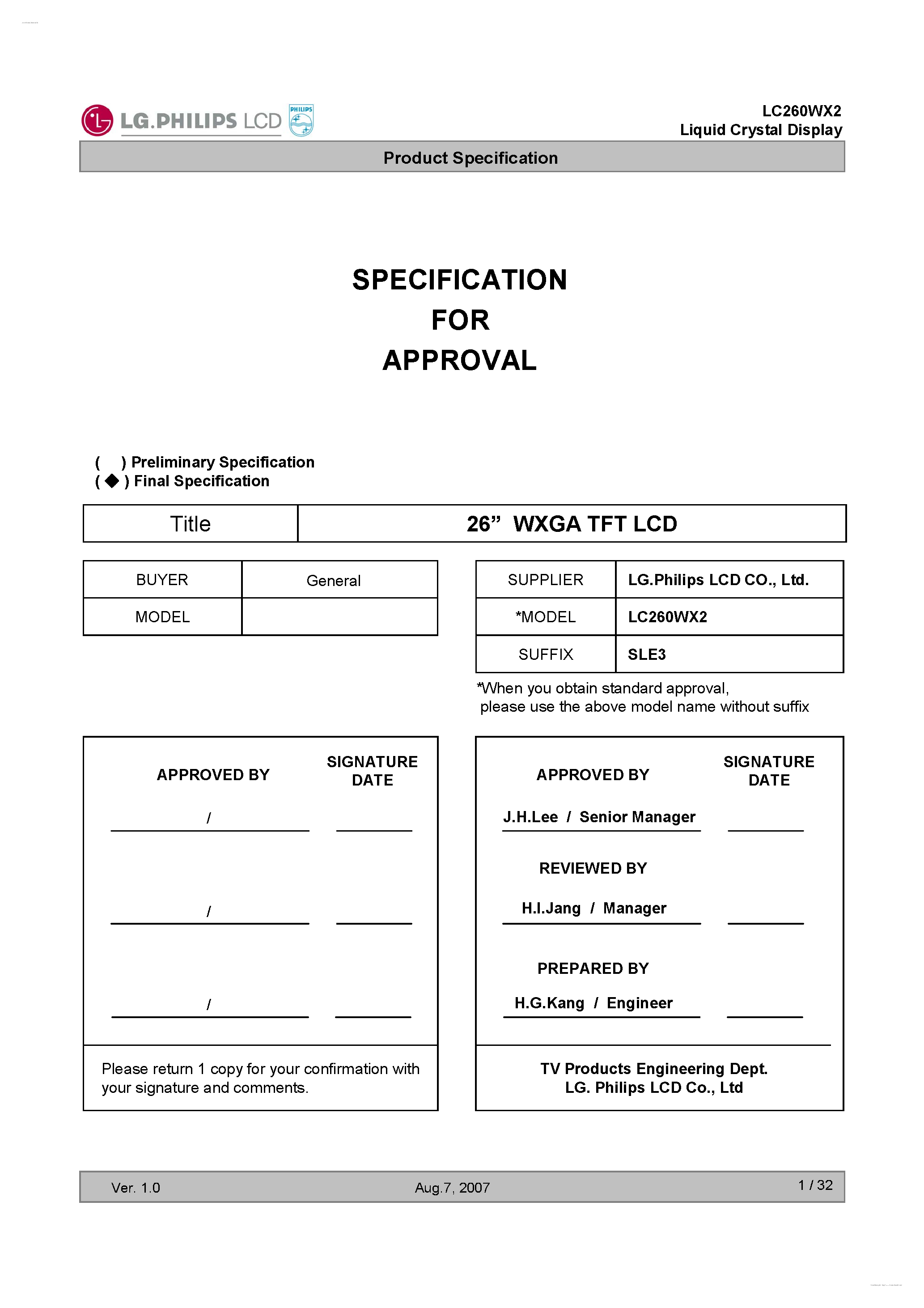 Даташит LC260WX2-SLE3 - Display Module страница 1
