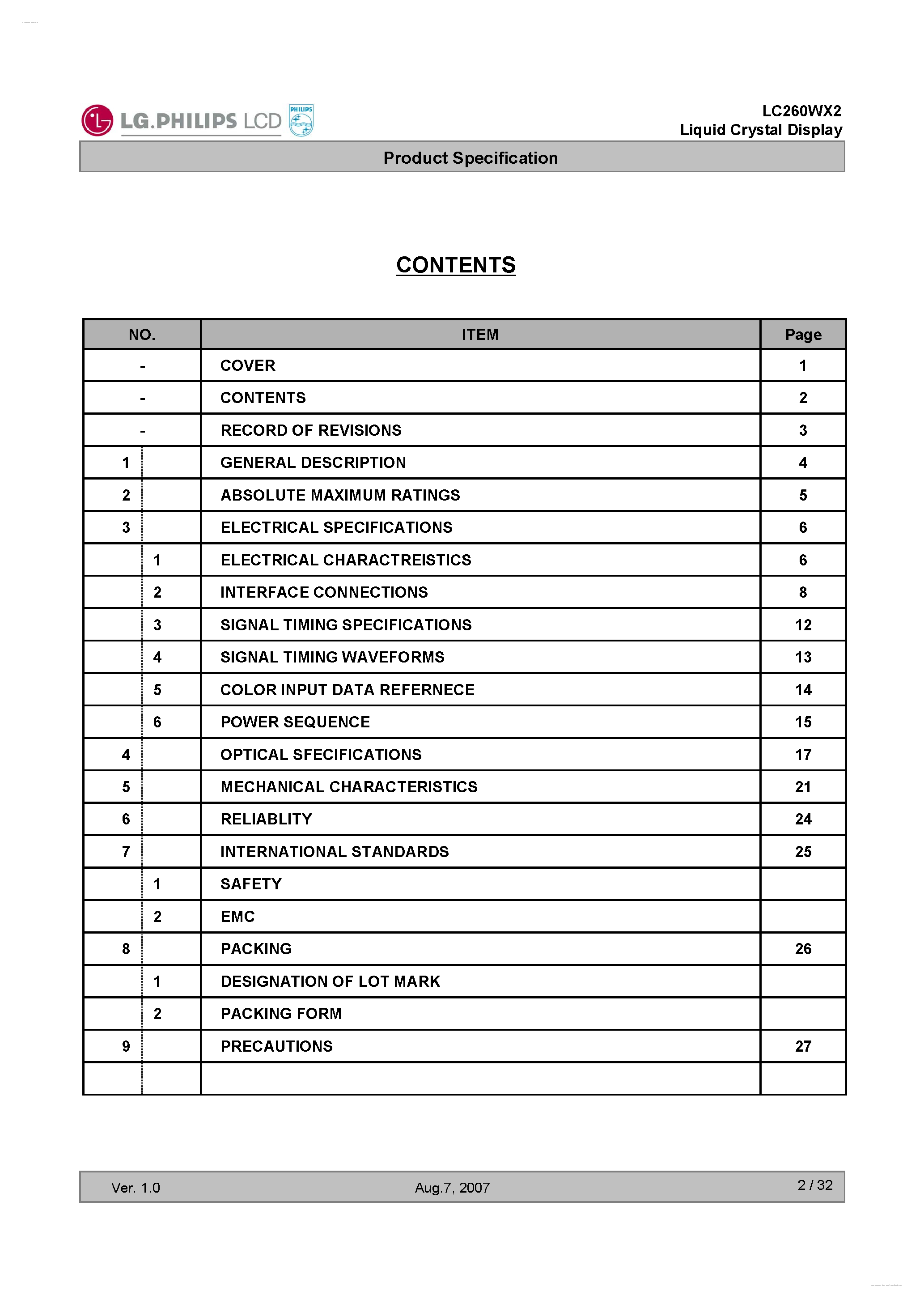 Даташит LC260WX2-SLE3 - Display Module страница 2