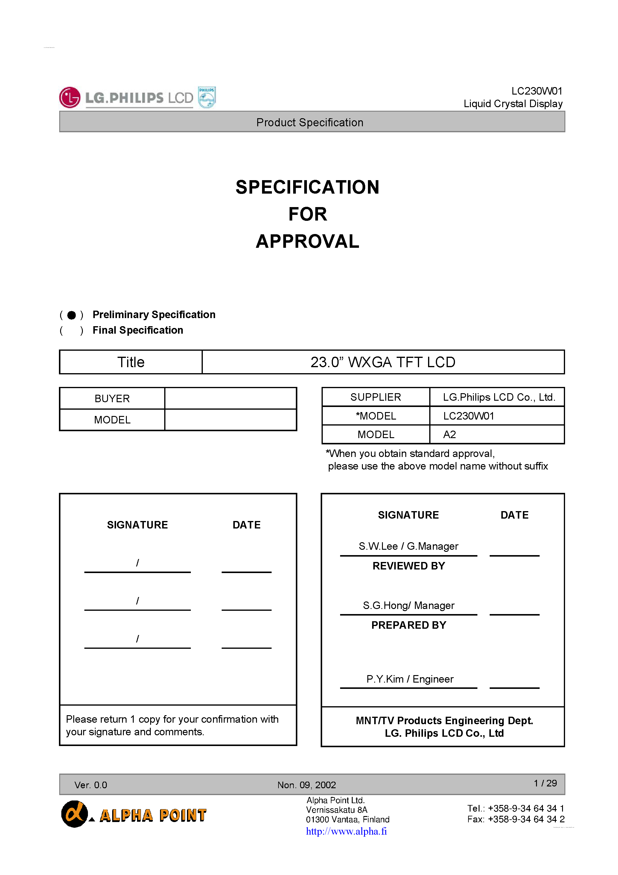 Datasheet LC230W01-A2 - Display Module page 1