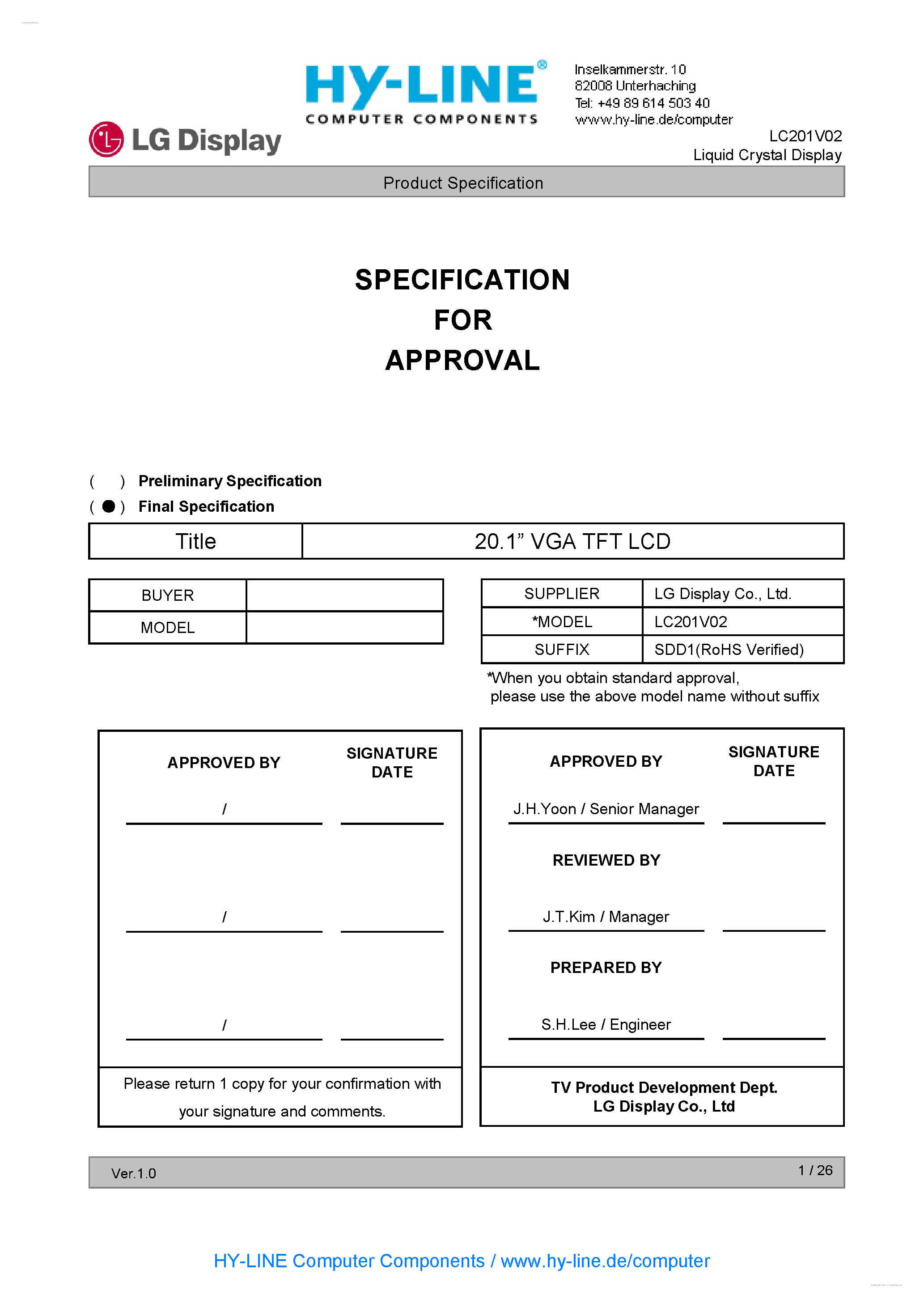Datasheet LC201V02-SDD1 page 2 Datasheet LC201V02-SDD1 - Display Module page 2