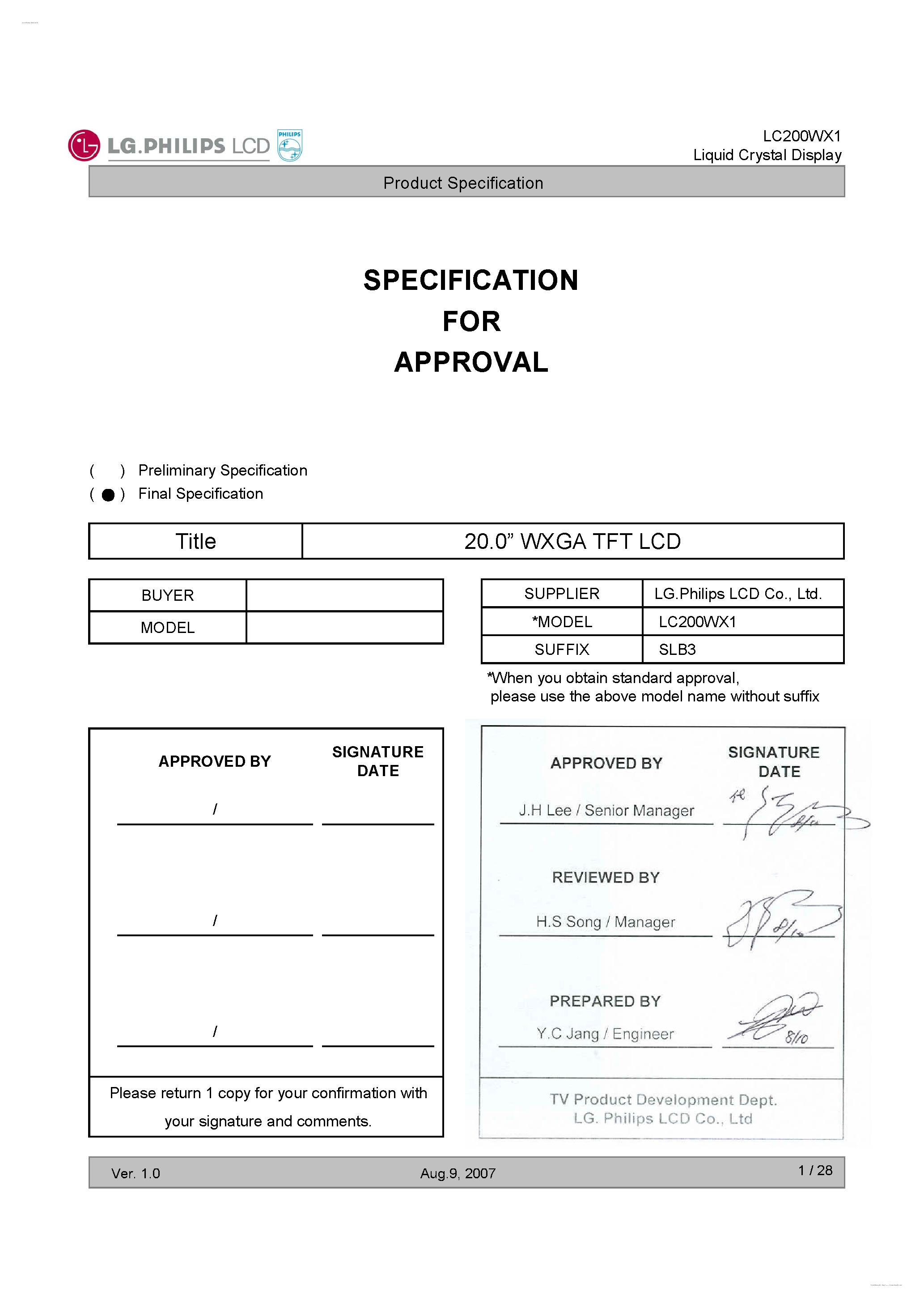 Datasheet LC200WX1-SLB3 page 1 Datasheet LC200WX1-SLB3 - Display Module page 1