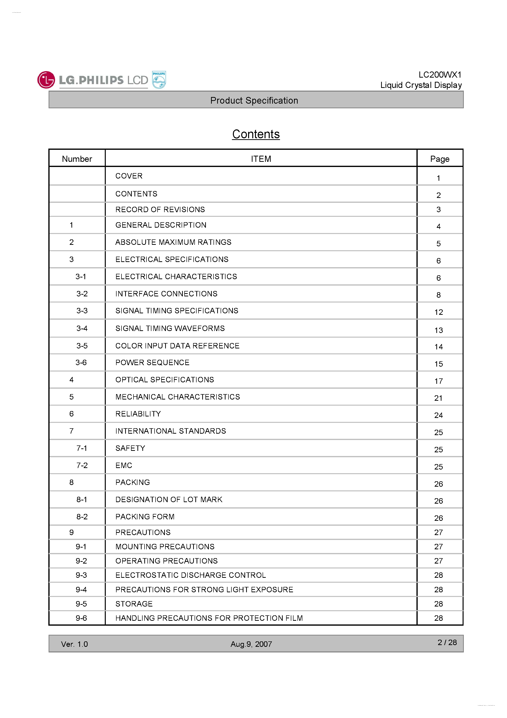 Datasheet LC200WX1-SLB3 page 2 Datasheet LC200WX1-SLB3 - Display Module page 2