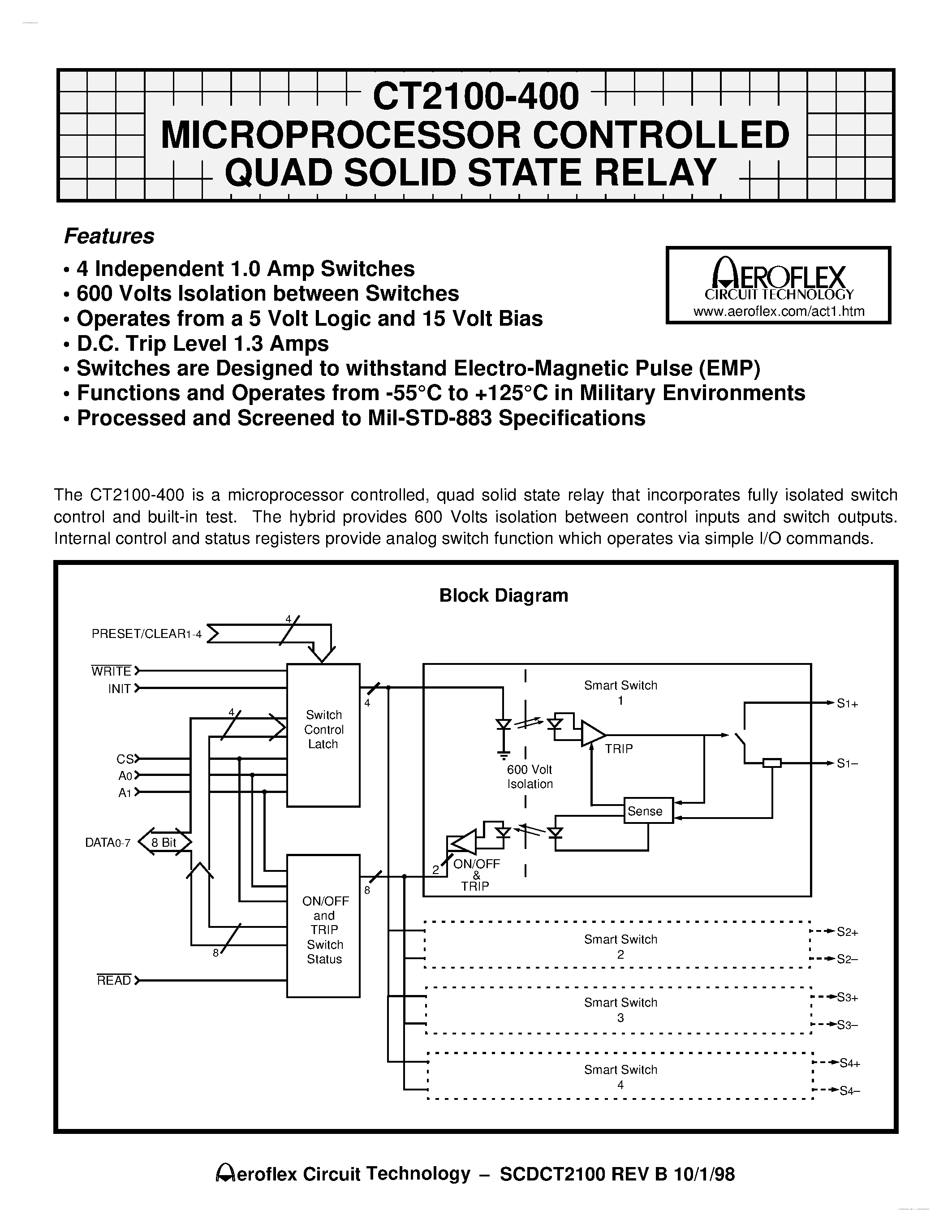 Даташит CT2100-400 - MICROPROCESSOR CONTROLLED QUAD SOLID STATE RELAY страница 1