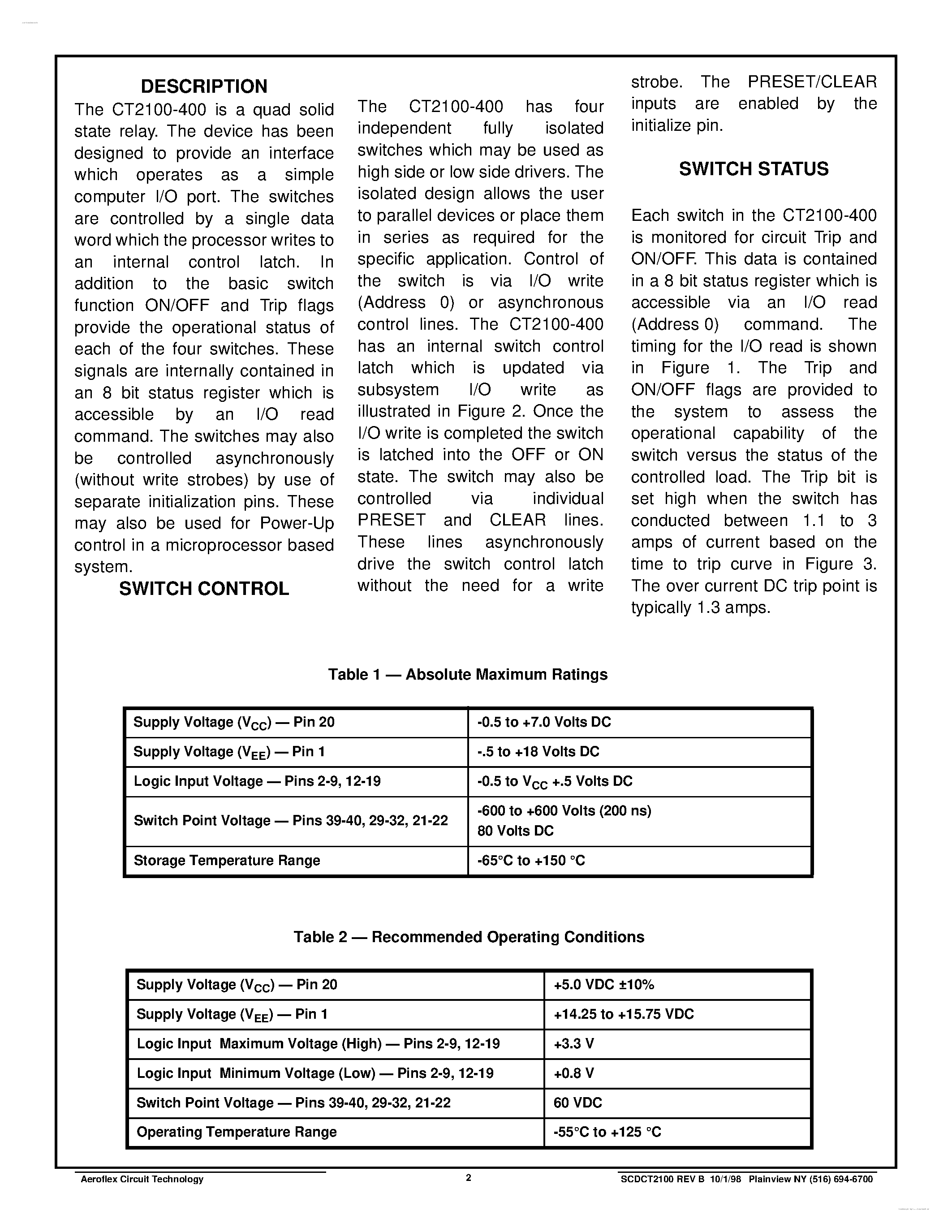Даташит CT2100-400 - MICROPROCESSOR CONTROLLED QUAD SOLID STATE RELAY страница 2