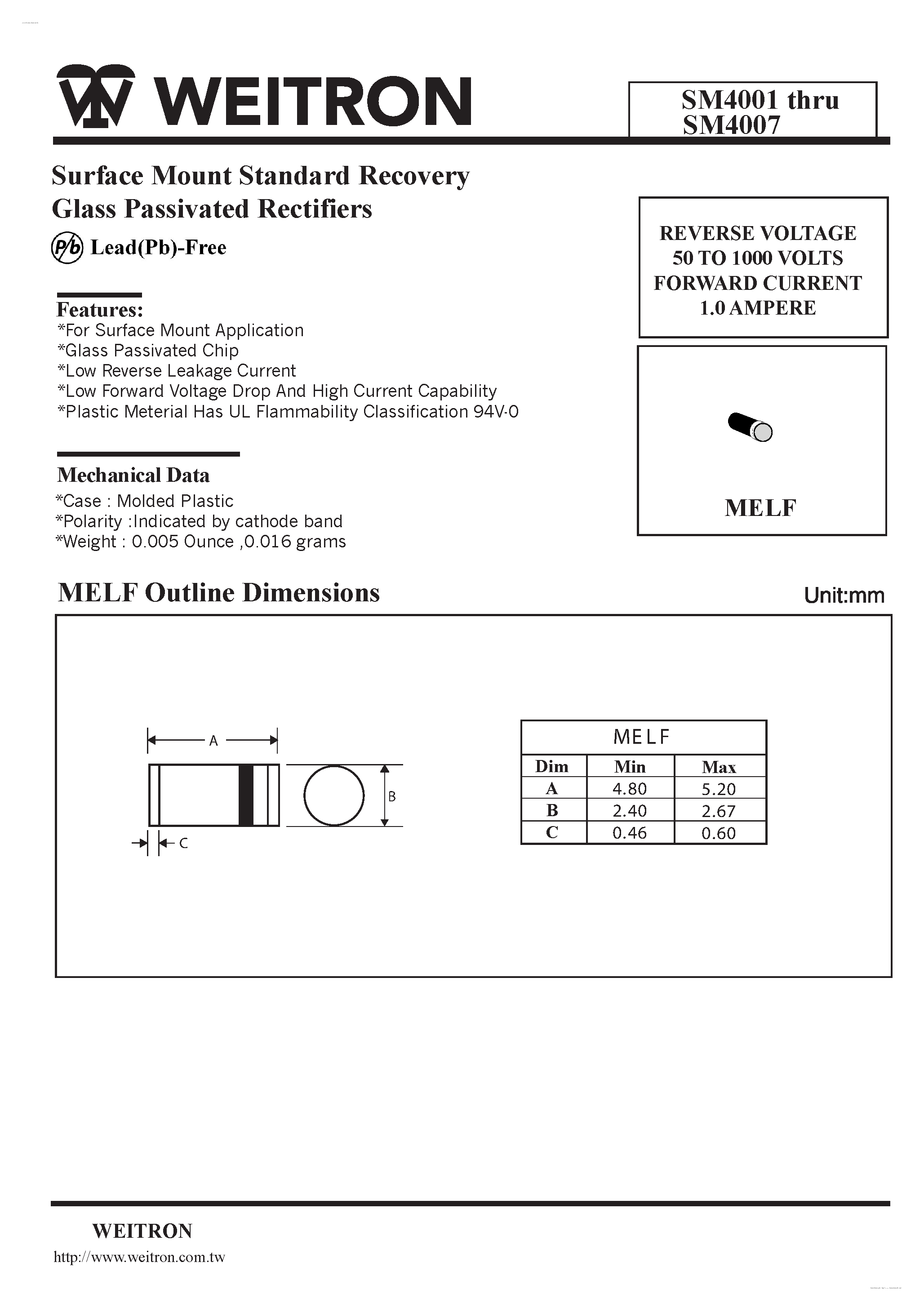 Datasheet SM4001 page 1 Datasheet SM4001 - (SM4001 - SM4007) Surface Mount Standard Recovery Glass Passivated Rectifiers page 1