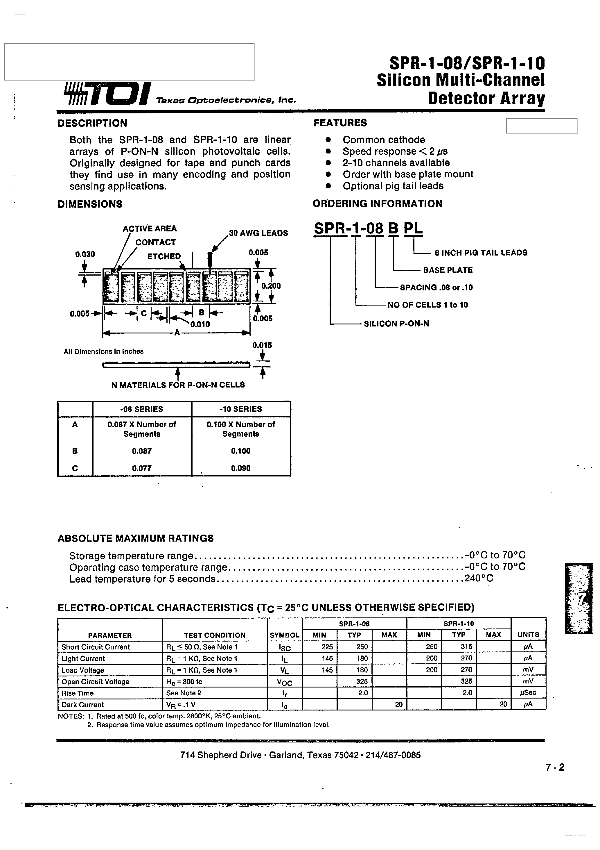 Datasheet SPR-1-08 - (SPR-1-08 / -10) SILICON MULTI-CHANNEL DETECTOR ARRAY page 1